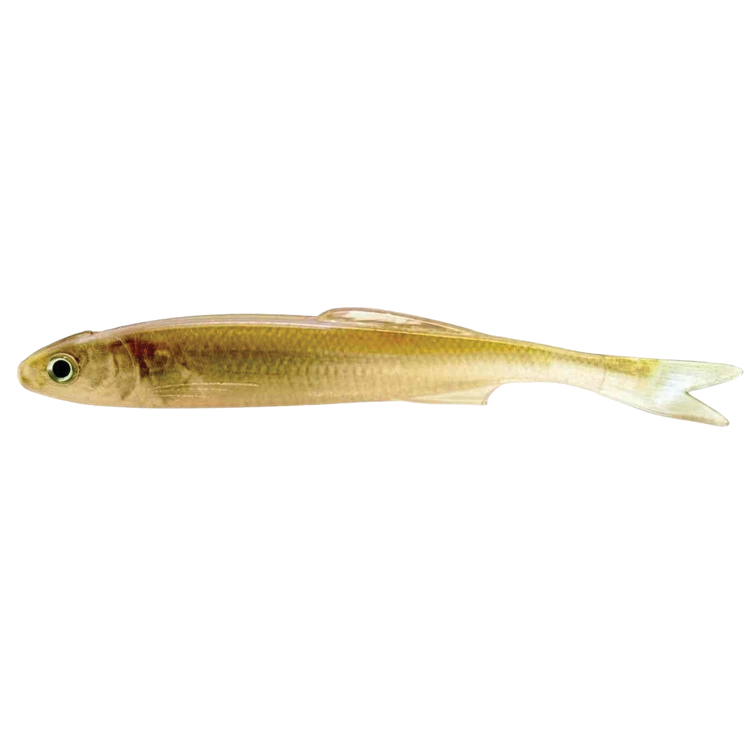 YG.Labo Witch Rizu soft fishing lure designed to mimic a small baitfish with a translucent body featuring natural green and brown hues, equipped with a forked tail for realistic movement.