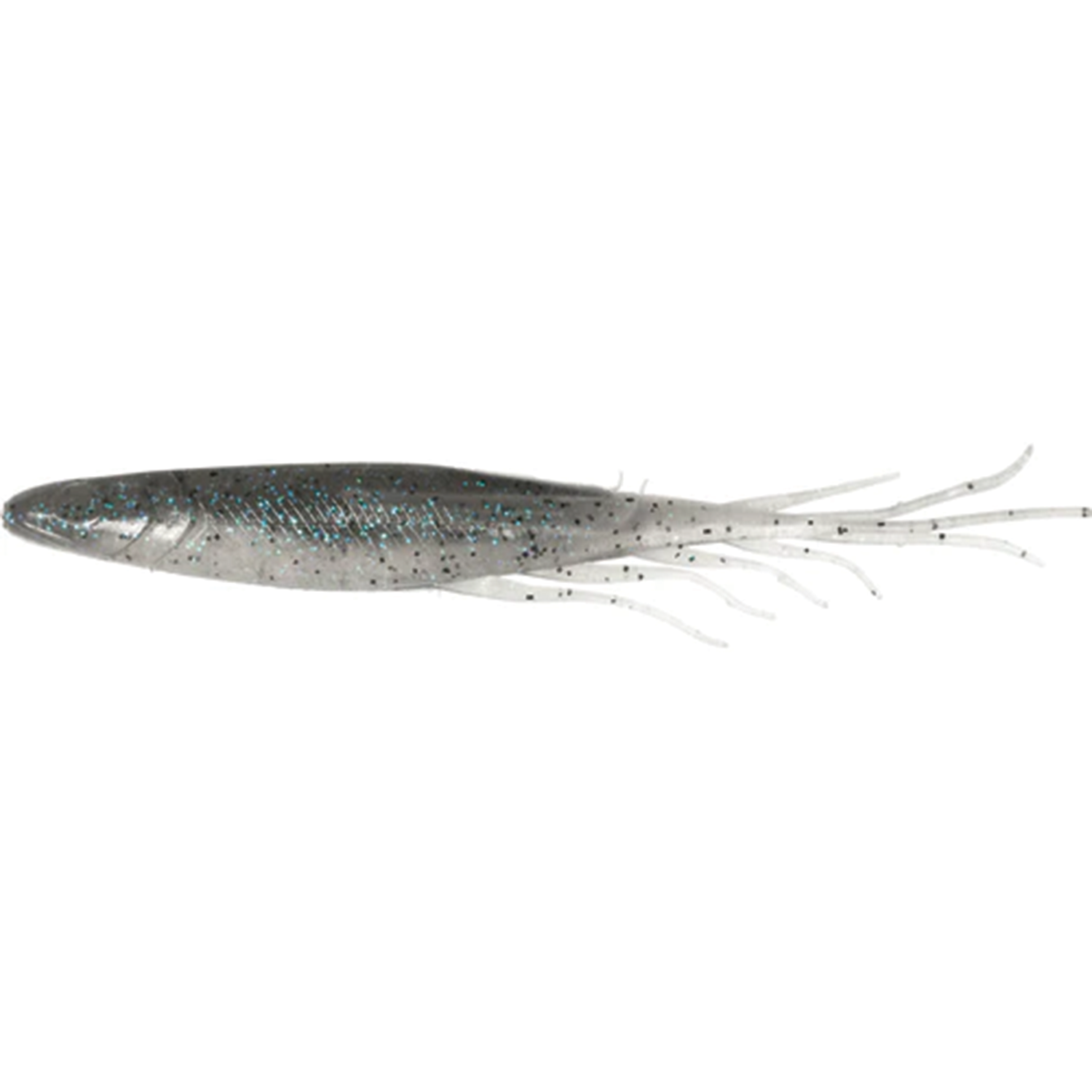 Hideup Judy Fish 5.2" soft fishing lure in gray with blue and black speckles, designed for musky fishing with detailed tentacle-like appendages for realistic movement.