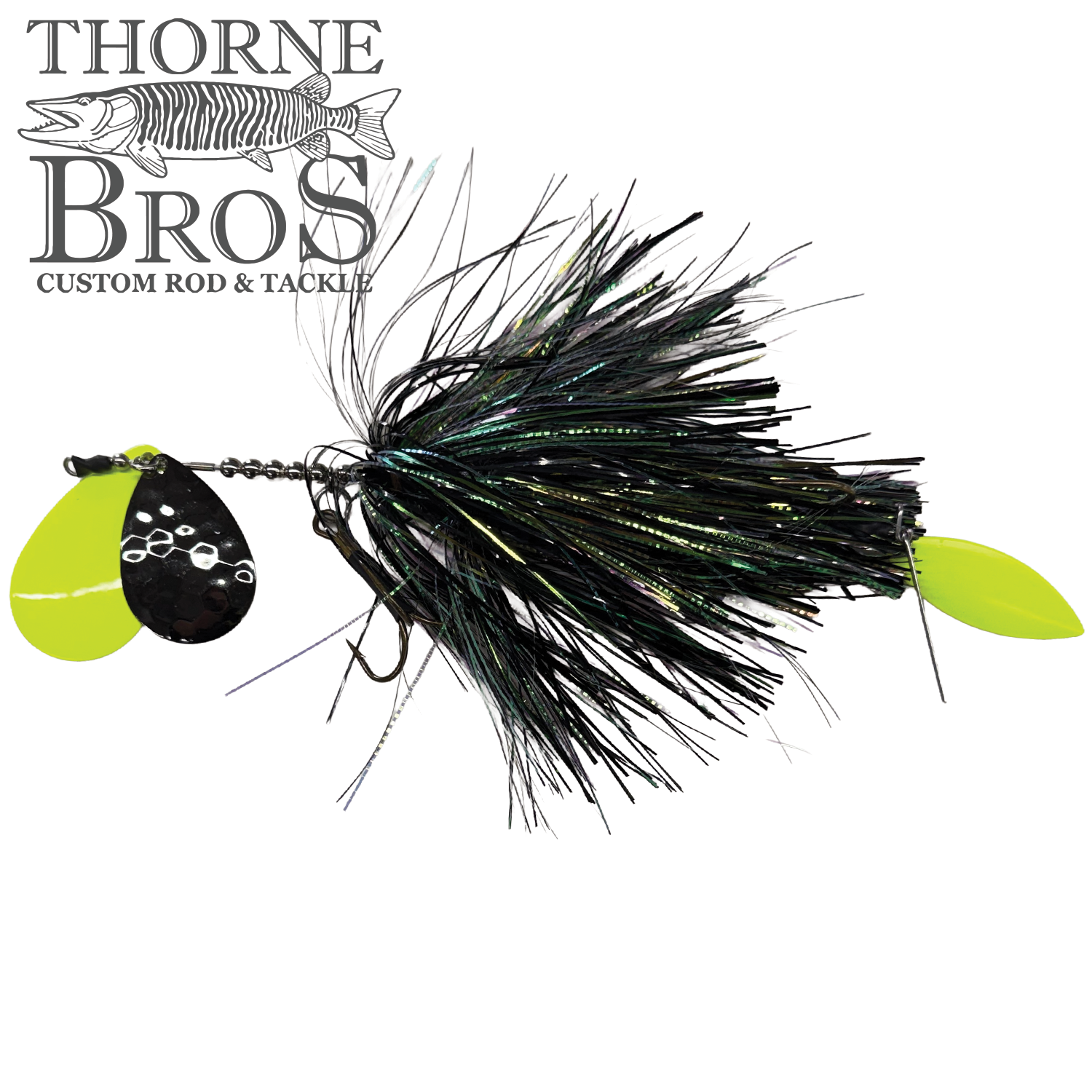 Hunsy Tails 8/9 Banger fishing lure with black and iridescent fibers, featuring bright yellow spinner blades and a sharp hook, designed for musky fishing tackle.