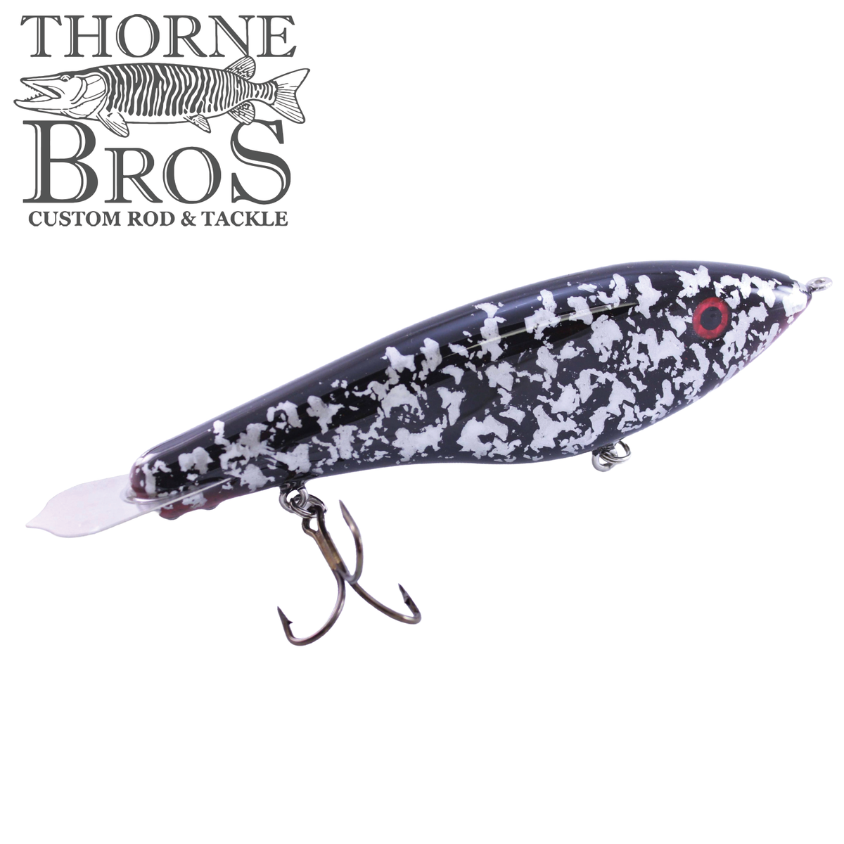 Bitten Warlock - REG. black and white musky fishing lure with two treble hooks and clear diving lip