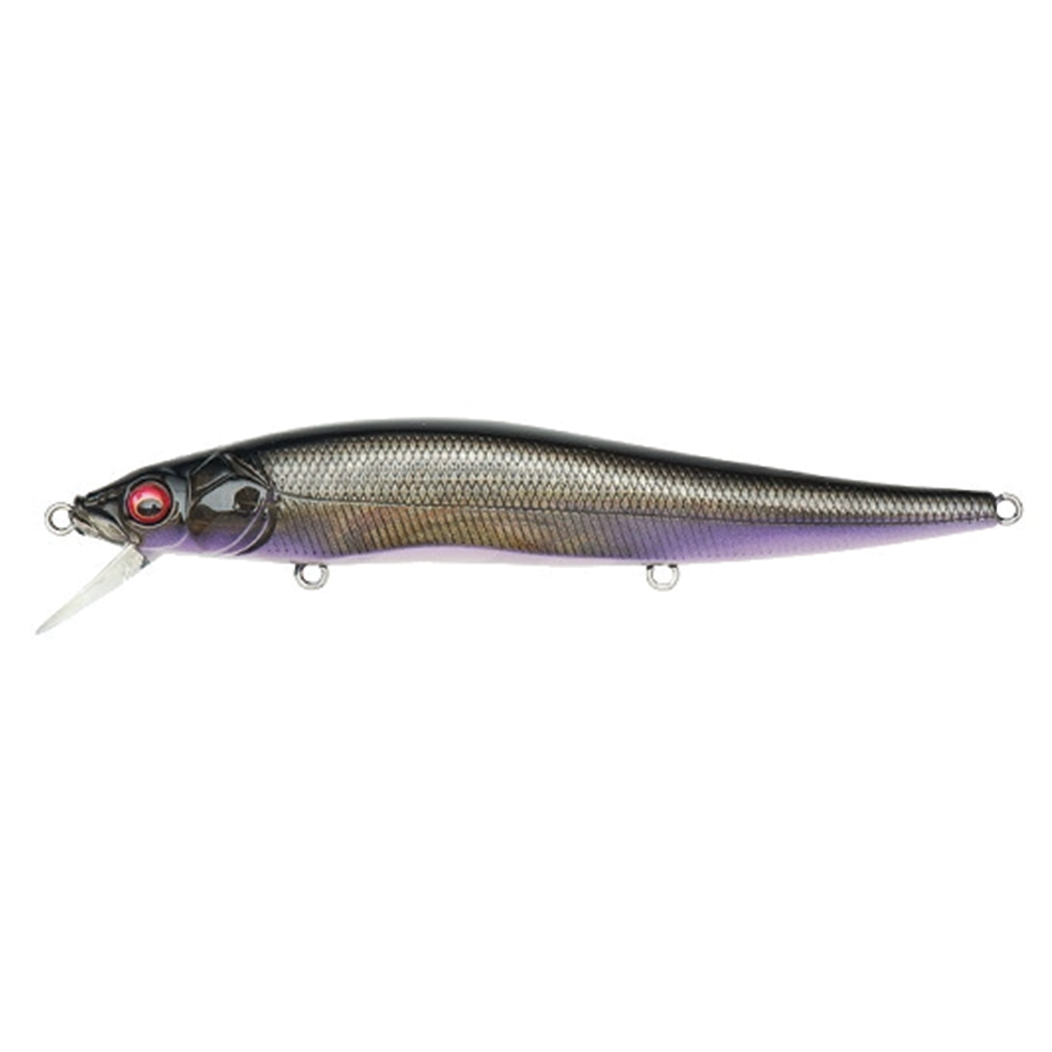 Megabass Vision 110 fishing lure in a sleek black and purple finish with red eyes and detailed scale texture, designed for effective musky fishing tackle use.