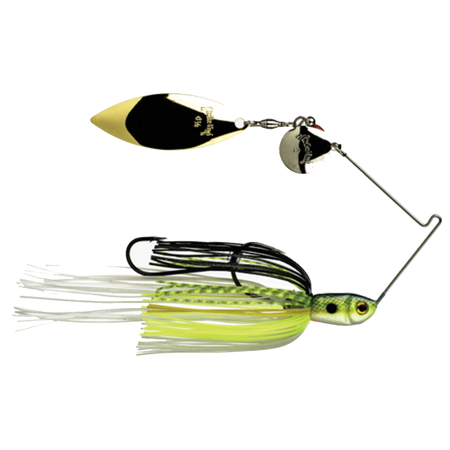 Strike King Premier+ Spinnerbait featuring a detailed fish-shaped head, bright yellow and white silicone skirt, dual gold and silver spinning blades, and a sharp black hook for effective fishing tackle.