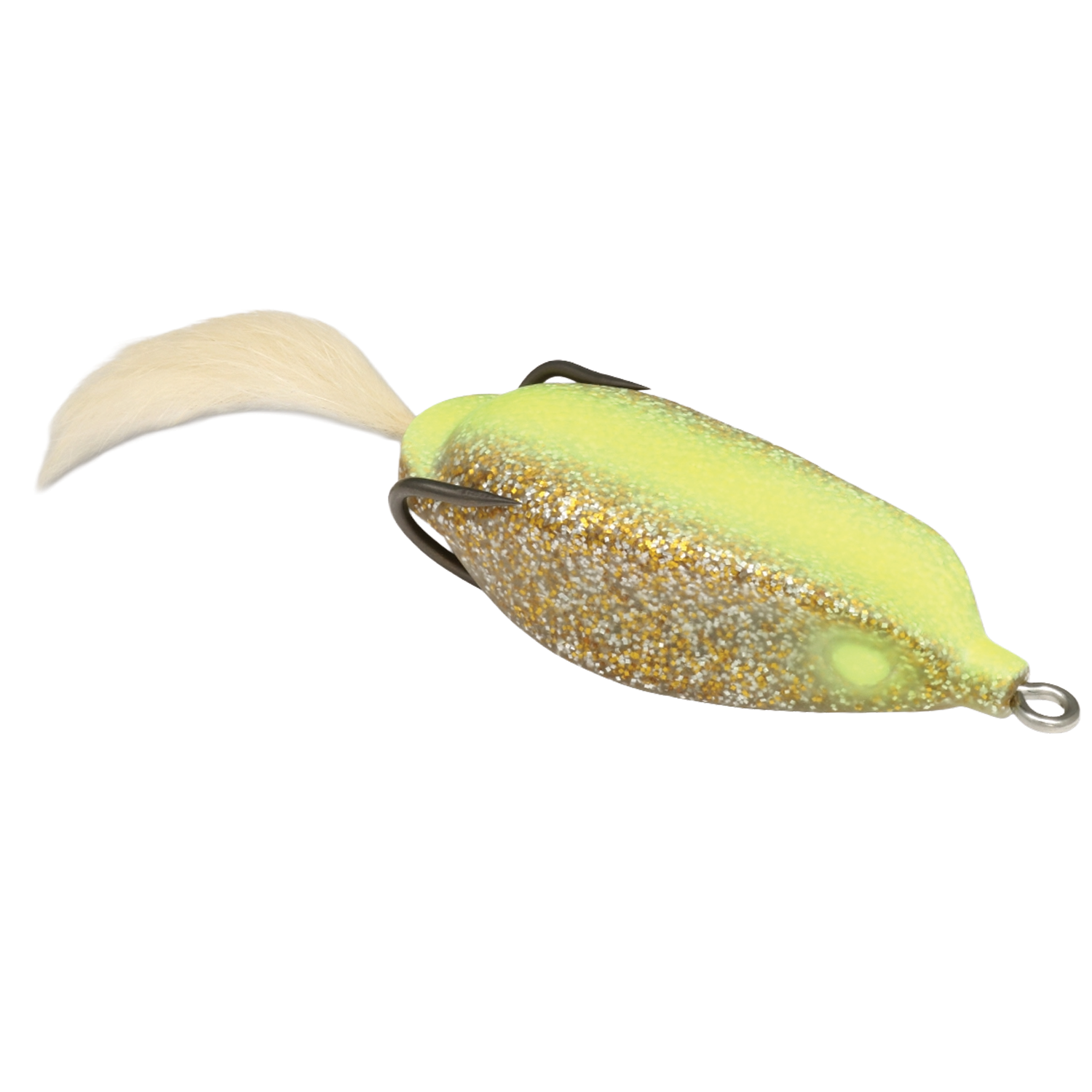 Deps Slither K Hollow Body Frog fishing lure in yellow and gold glitter finish with a soft tail and dual hooks, designed for musky fishing tackle.