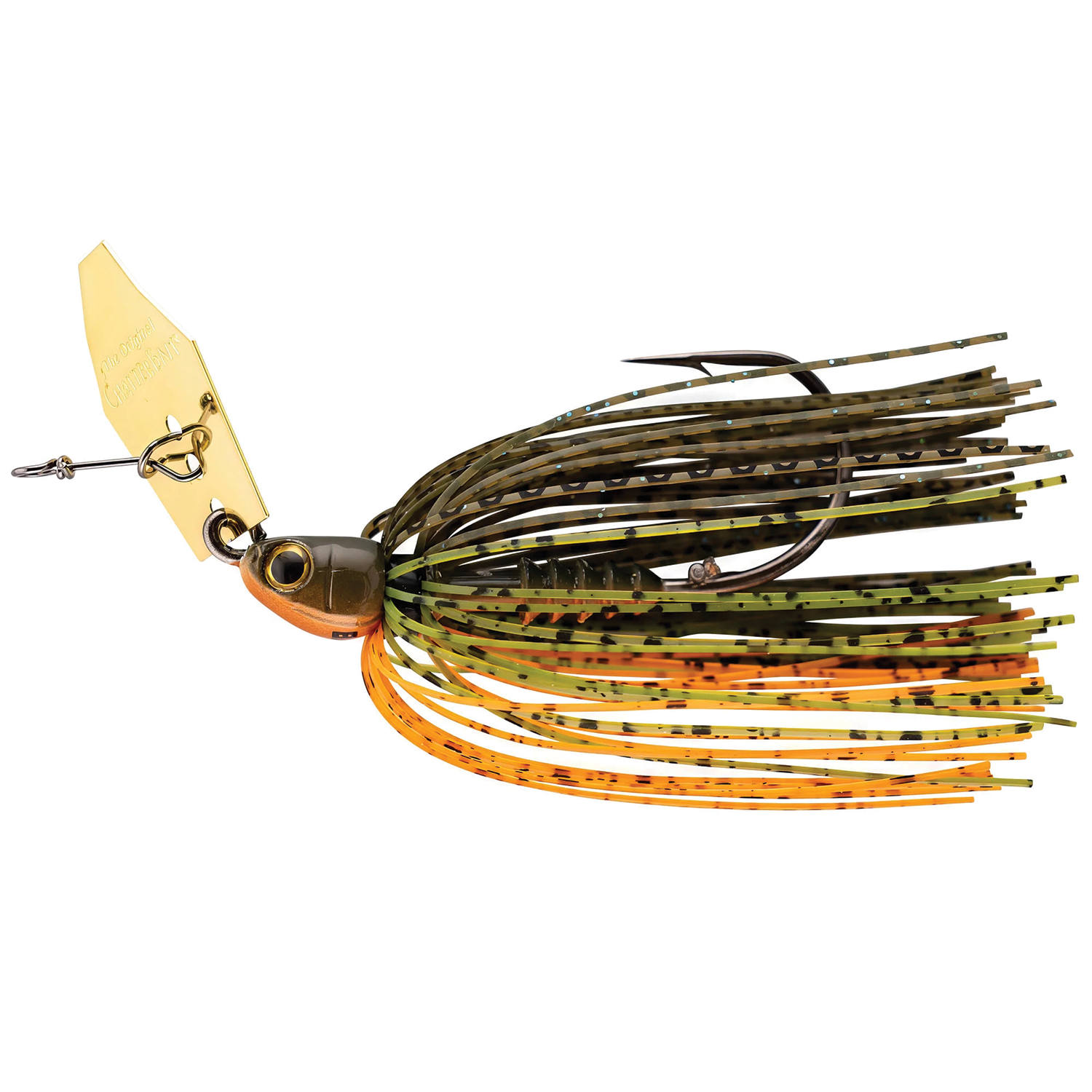 Z-Man Chatterbait PZ2 fishing lure with a gold-colored blade and multicolored silicone skirt designed for attracting fish in freshwater fishing tackle.