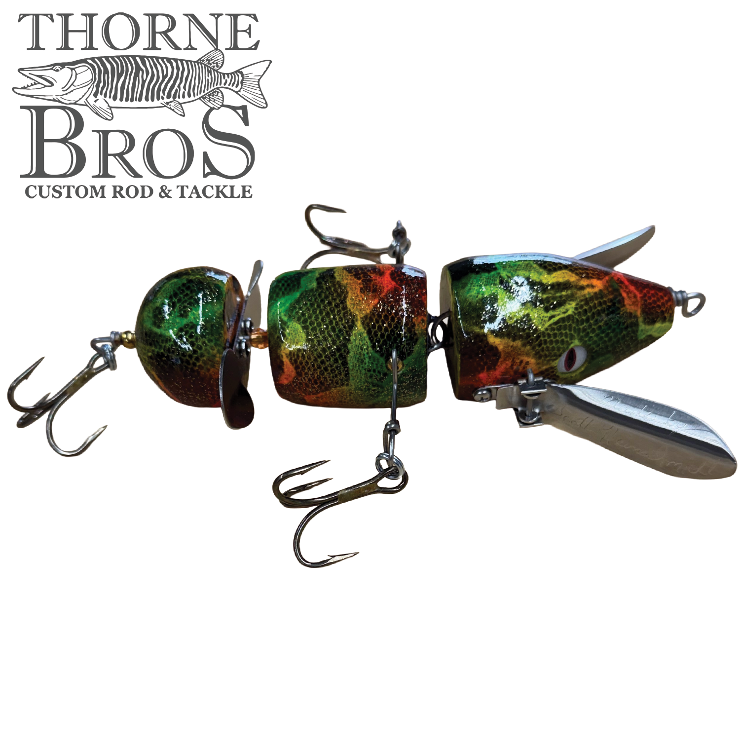 Musky Safari Franken Spitz Jr. segmented musky fishing lure with treble hooks and propeller blades displayed on a white background