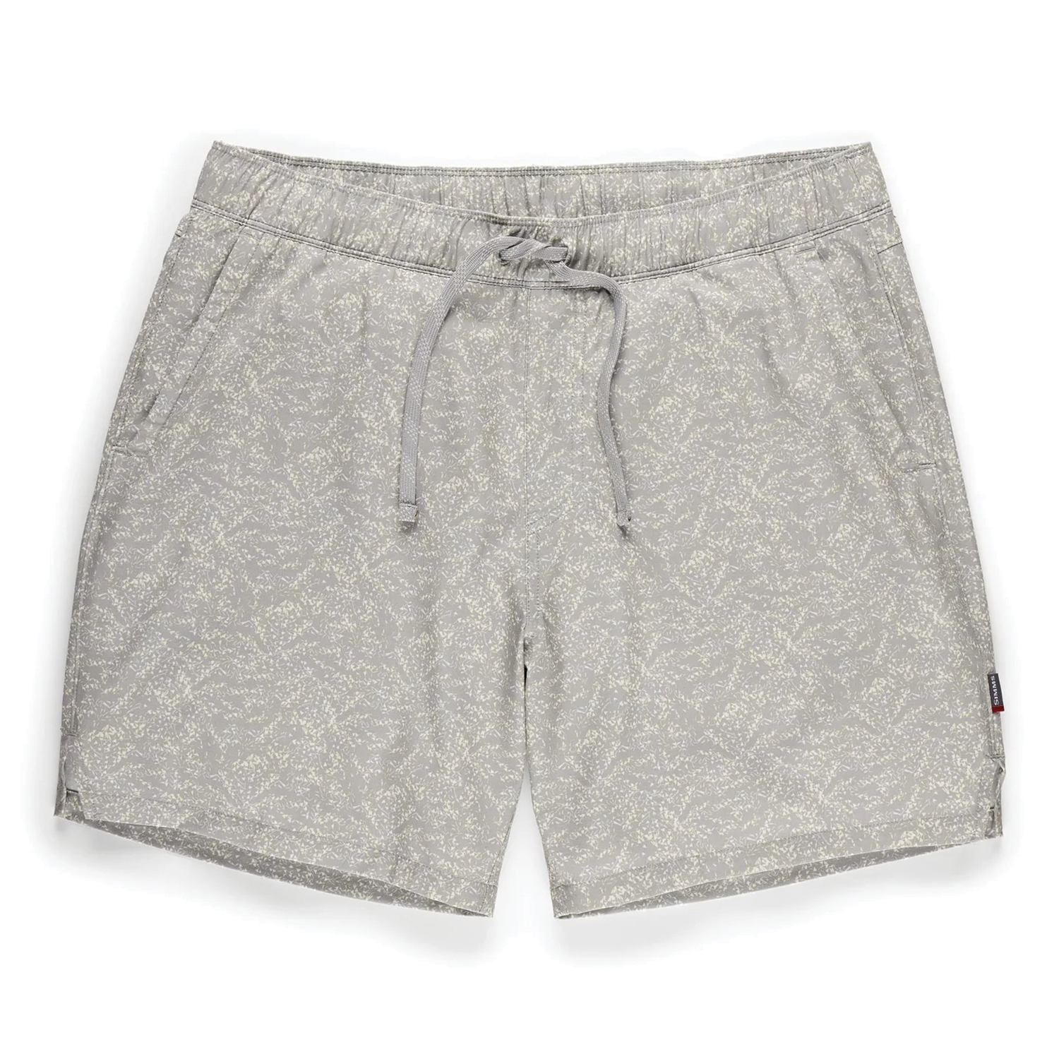Simms Wanaka Water Short - Men's in light gray with subtle leaf pattern, featuring an adjustable drawstring waist and side pockets, designed for comfort during fishing activities.