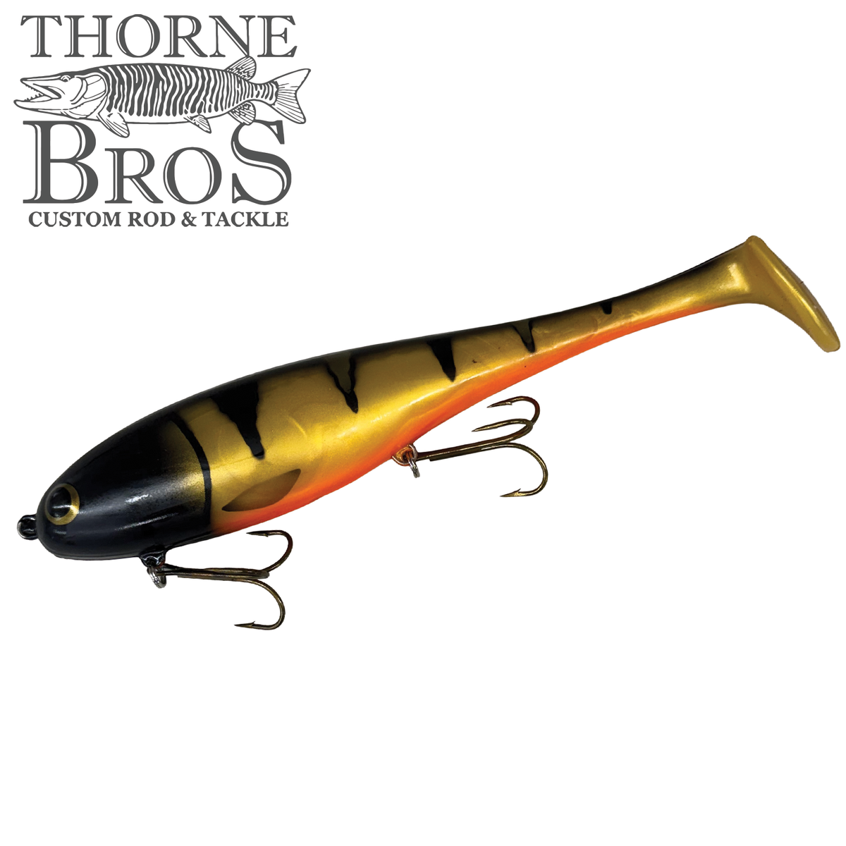 Musky Innovations Magnum Swimmin' Dawg - SHALLOW musky fishing lure with black and gold stripes red belly curled tail and treble hooks