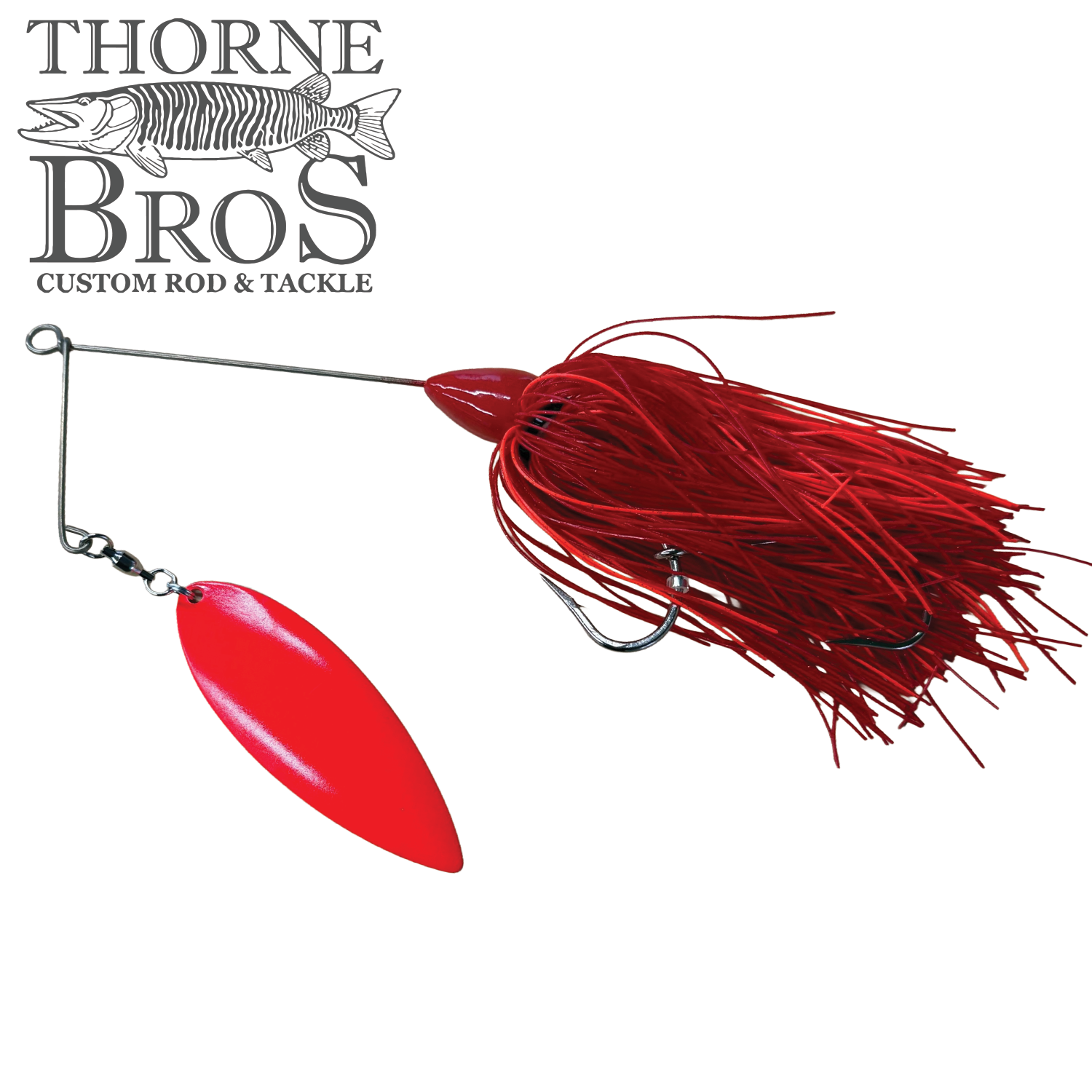 CJ'S Large Silicone (Willow Blade) fishing lure featuring a bright red silicone skirt and a shiny willow blade spinner, designed for effective musky fishing.
