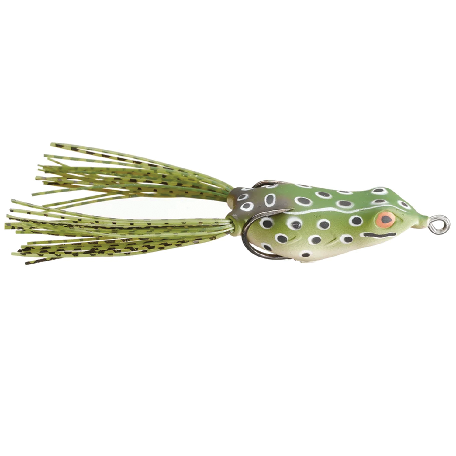 Copper Red Baits Ripple Frog is a green and brown fishing lure designed to mimic a frog, featuring white spots, an orange eye, and flexible legs for realistic movement in fishing tackle.
