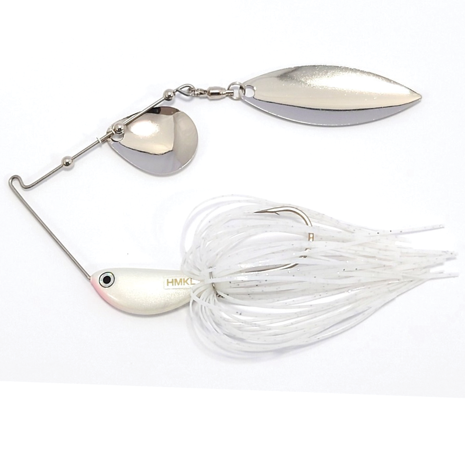 HMKL Dynamo Spinner Bait (Eco Model) fishing lure with shiny silver spinner blades and a white skirted body designed for effective fishing tackle use.