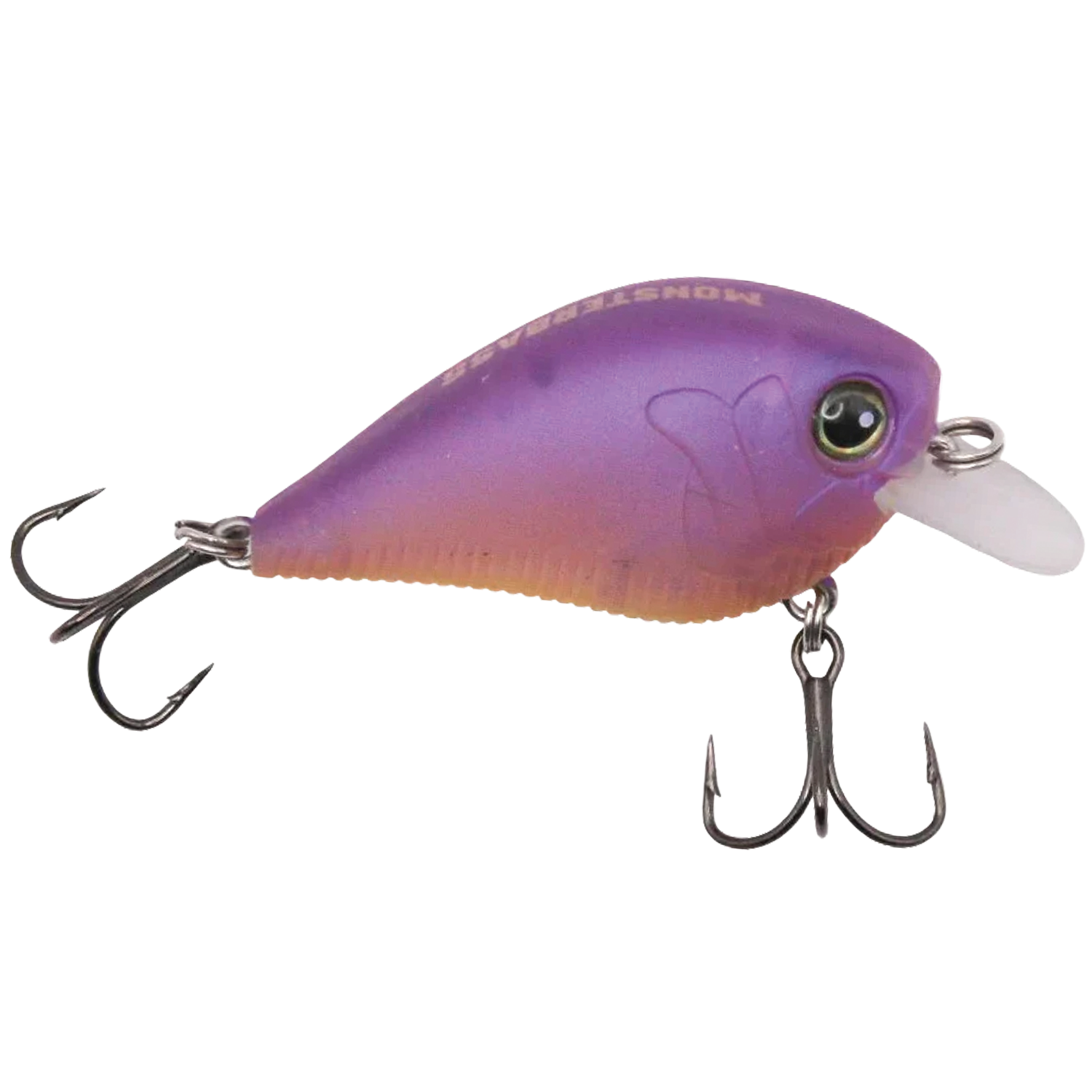 Close-up of a purple and orange Monsterbass Little Banger fishing lure featuring two treble hooks and a small clear plastic lip, designed for attracting musky and freshwater fish.