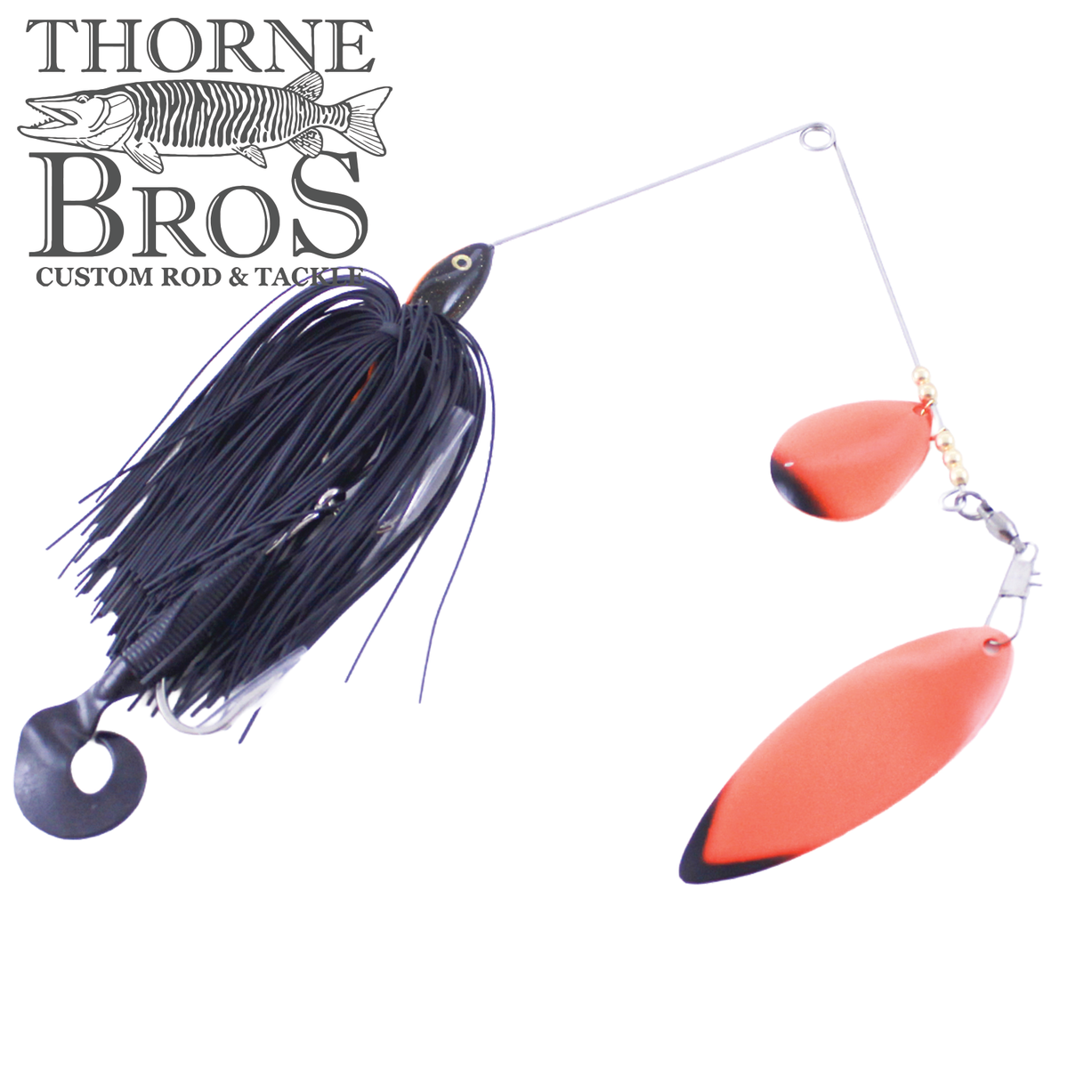 Ace Baits Small Spinnerbait with a black silicone skirt and two orange blades for musky fishing tackle