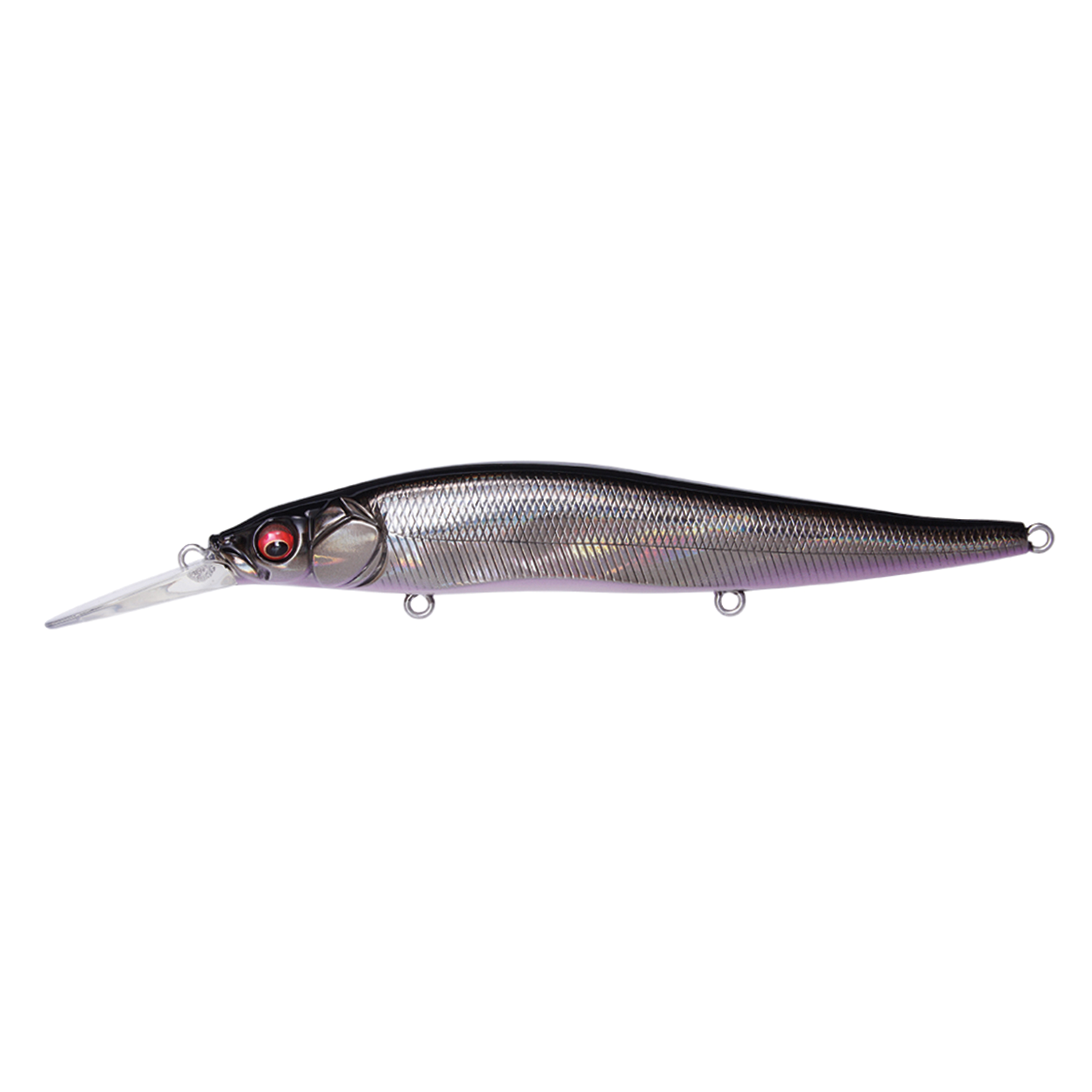 Megabass Vision 110+1 fishing lure in a sleek, reflective silver and black finish with red eyes and a clear diving lip designed for realistic movement in water.