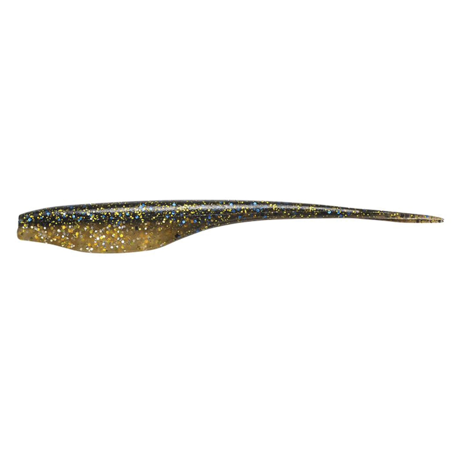 Megabass Sling Shad (5in) fishing lure in a slender shad shape with a gold and black glitter finish, designed for effective fishing tackle use.