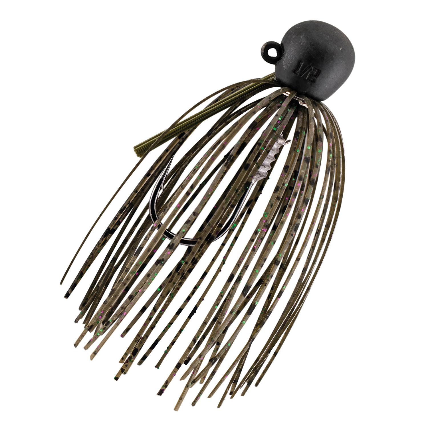 Z-Man TRD Finesse Jig fishing lure with olive green skirt and weighted black head, designed for precision fishing tackle applications.