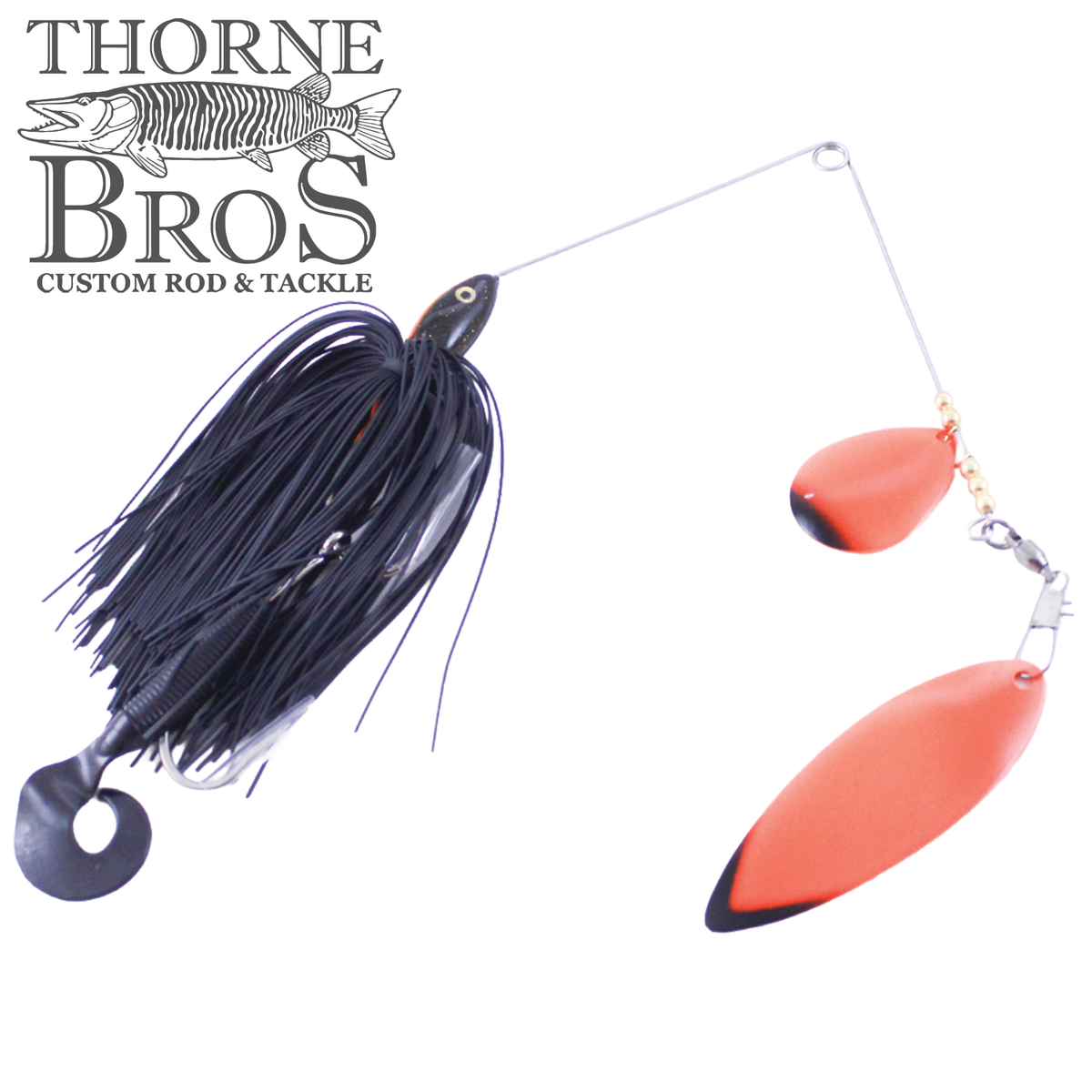 Ace Baits Big Ace Spinnerbait with a black silicone skirt and two bright orange blades for musky fishing tackle and lure presentation