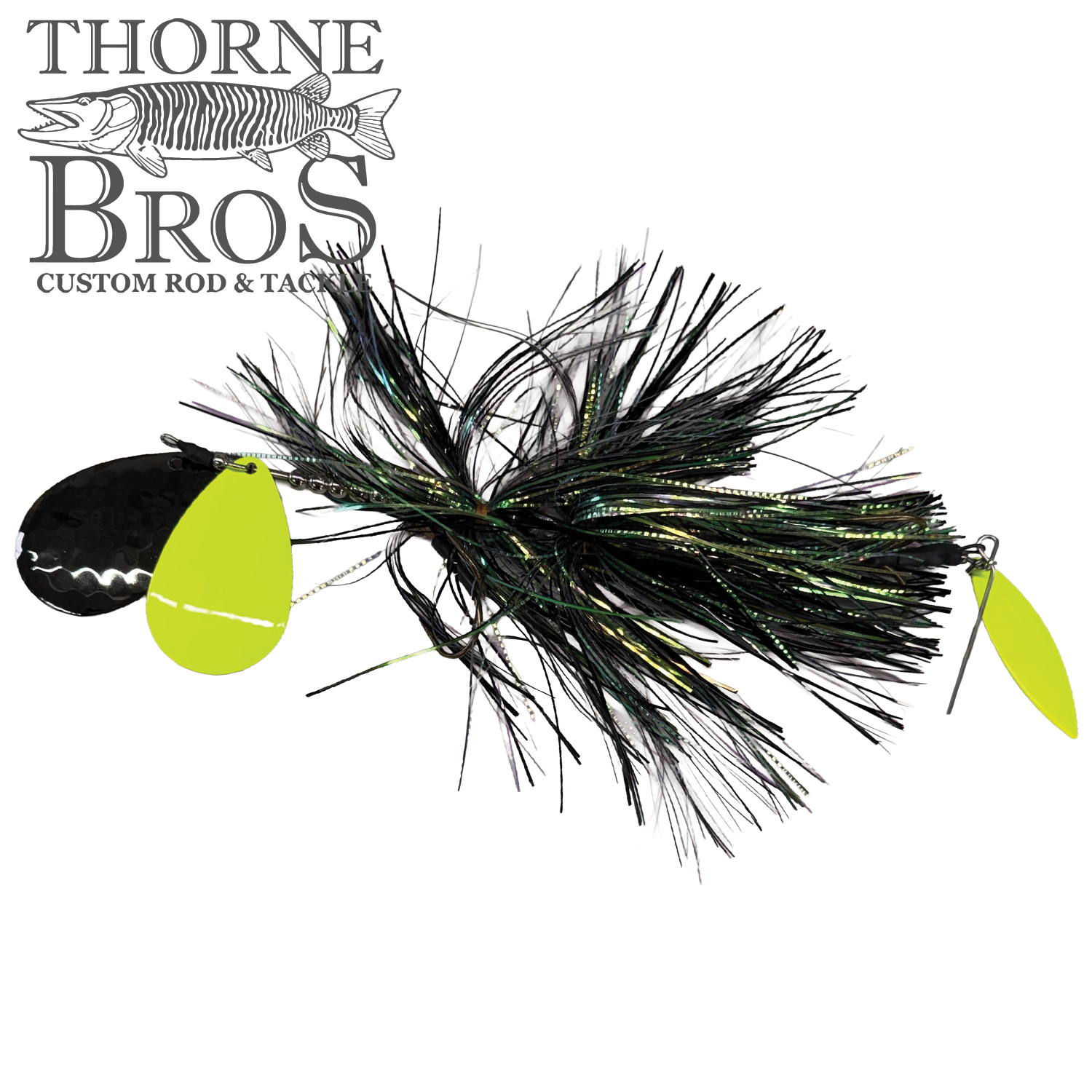 Hunsy Tails 9/10 Banger fishing lure featuring black and green strands with yellow and black spinner blades, designed for musky fishing and premium fishing tackle use.