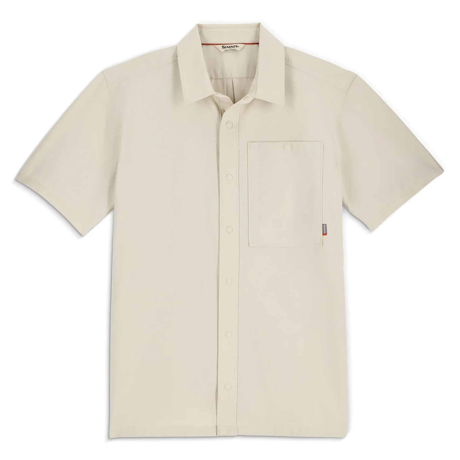 Simms Tailout SS Shirt - Men's in light beige with short sleeves, button-down front, single chest pocket, and classic collar, designed for outdoor fishing comfort.
