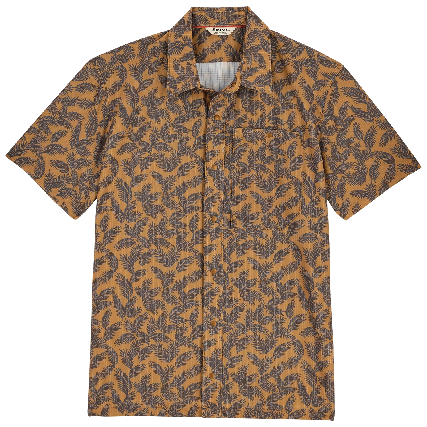Simms Tailout Air SS Shirt - Men's, a short-sleeve button-up shirt featuring a brown base with dark leaf patterns, designed for comfort and style during fishing and outdoor activities.