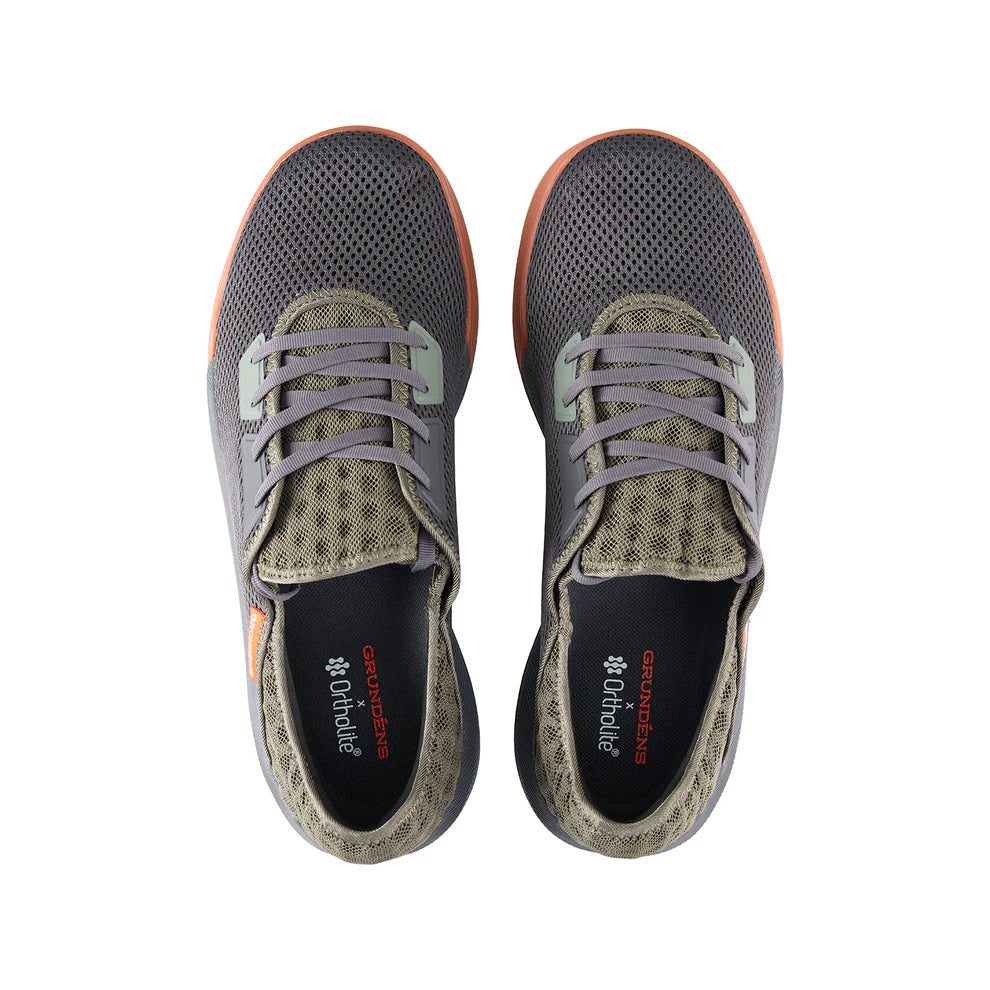 Top view of gray and olive breathable mesh athletic shoes with light gray laces and orange trim, designed for outdoor comfort, labeled Grundens Keeper Sneaker.