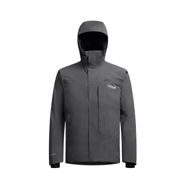 Sitka CAT-5 Jacket in dark gray designed for outdoor fishing activities, featuring a hood, waterproof material, and multiple pockets for convenient gear storage.