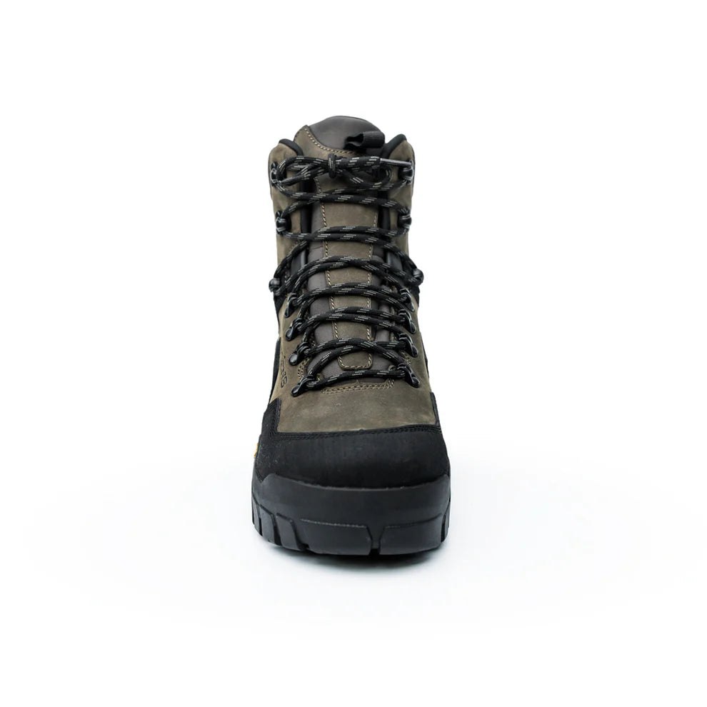 Grundens Bankside Wading Boot - Vibram Sole shown from the front, featuring durable laces, reinforced toe, and rugged sole designed for fishing and outdoor use.