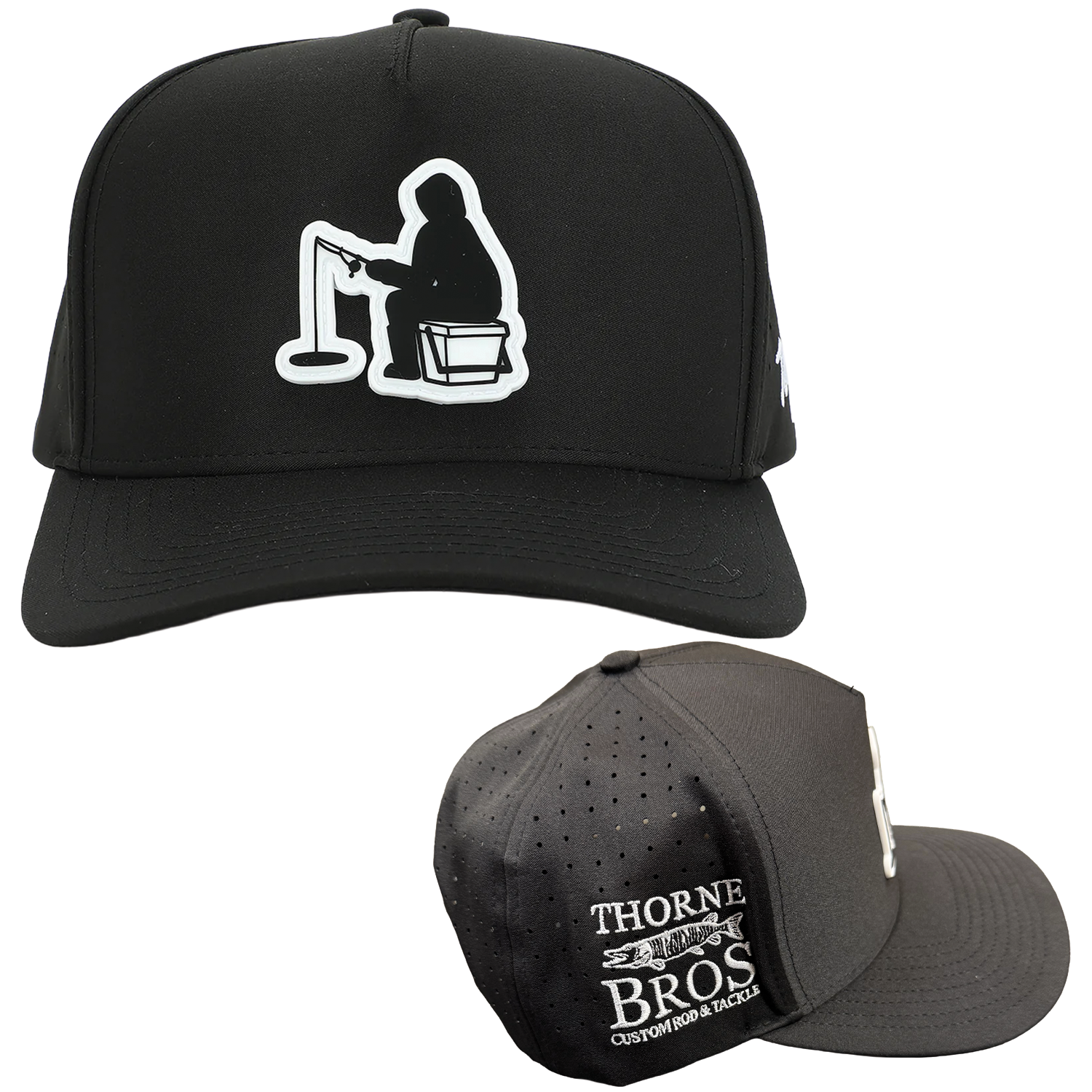 Black Thorne Bros Waggle Hats featuring a white silhouette of an angler ice fishing on the front and embroidered Thorne Bros logo with fish design on the side, made for fishing enthusiasts.