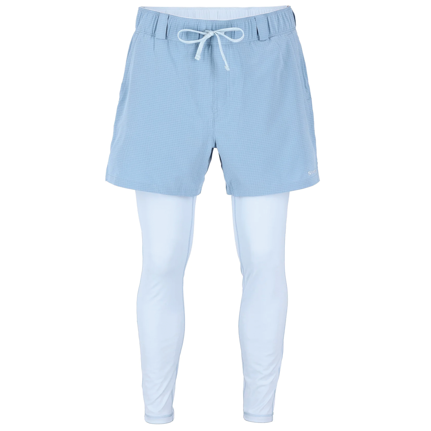 Simms Latitude BiComp Bottom - Men's, light blue shorts with adjustable white drawstring over attached white compression leggings designed for fishing comfort and sun protection.