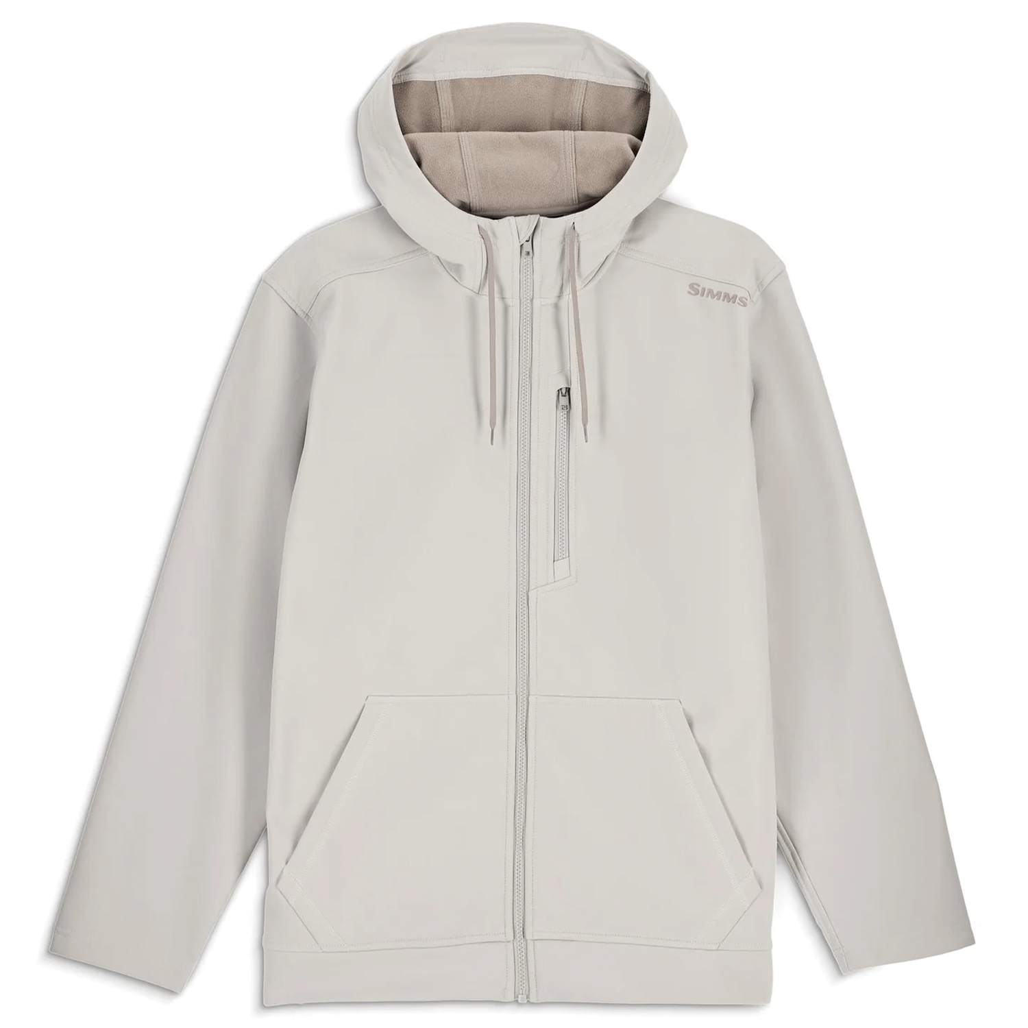 Simms Rogue Fleece Hoody - Men's in light gray with full front zipper, adjustable hood, chest zip pocket, and front hand pockets, designed for warmth and comfort during fishing.