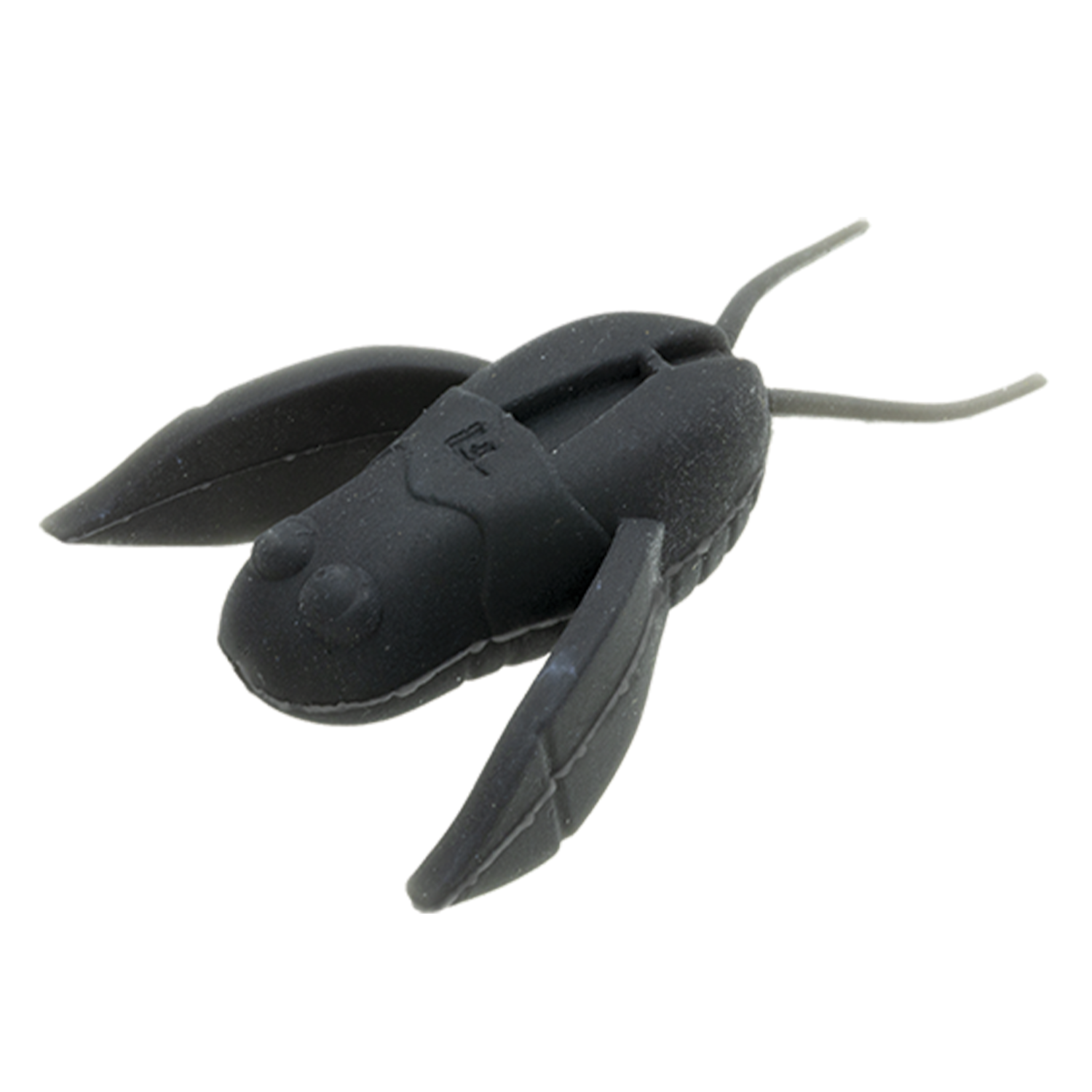 Black soft plastic fishing lure shaped like an insect with two wings and two antennae, designed as the "Nories 2" Clionex" for fishing tackle.