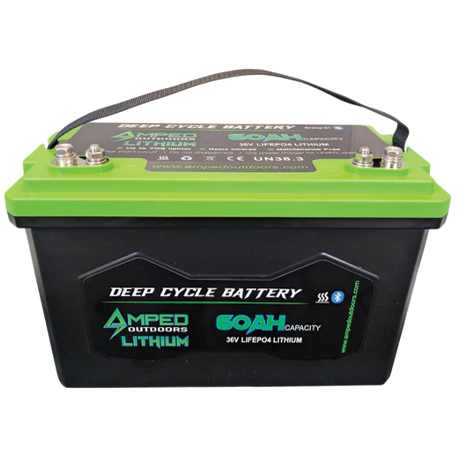 Green and black deep cycle Amped Outdoors (LiFePO4) 36V Lithium Batteries with 60AH capacity, sturdy handle, and metal terminals for outdoor and fishing tackle power needs.