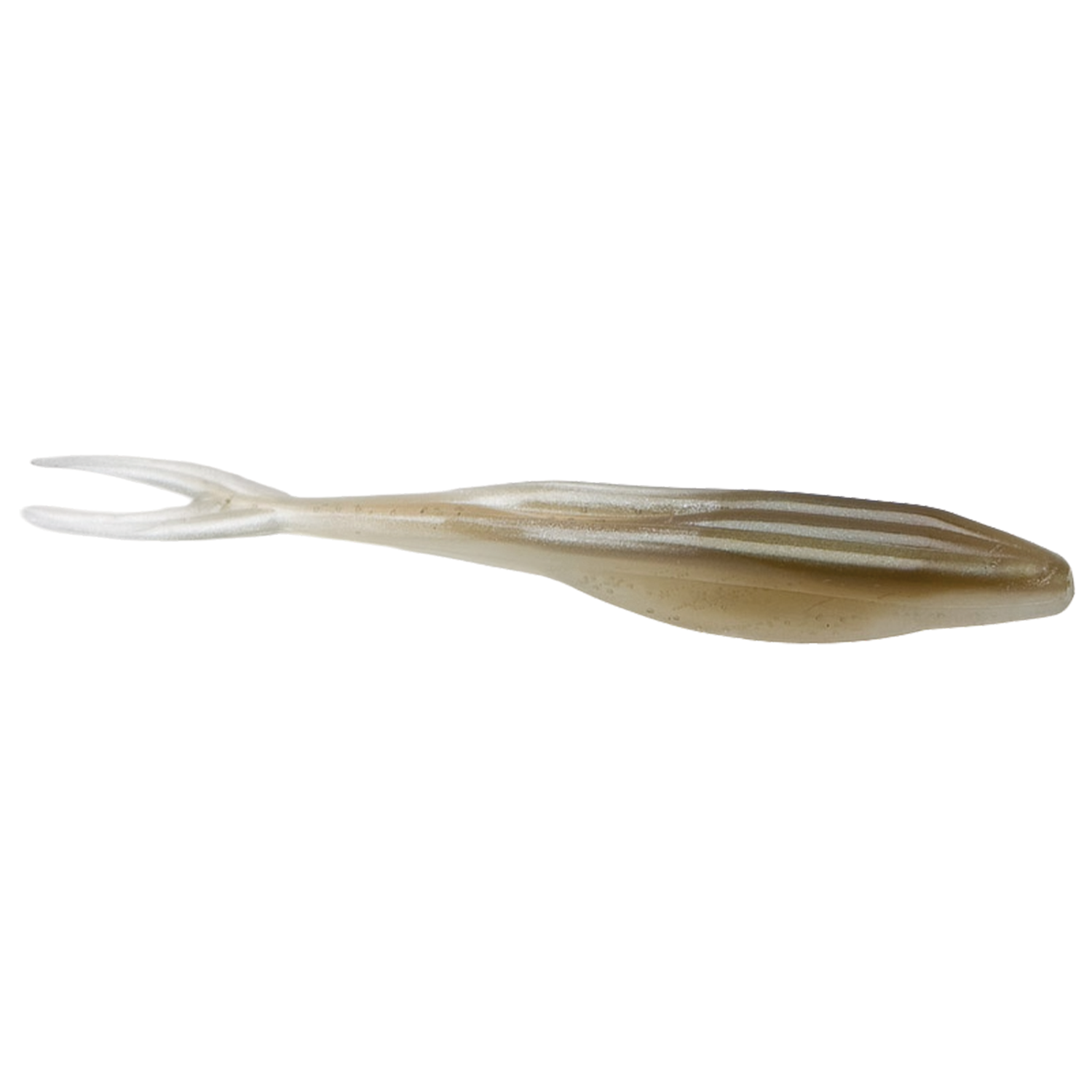 Zoom Bait Company Super Fluke Jr fishing lure in translucent pearl color with forked tail, designed for effective fishing tackle use.