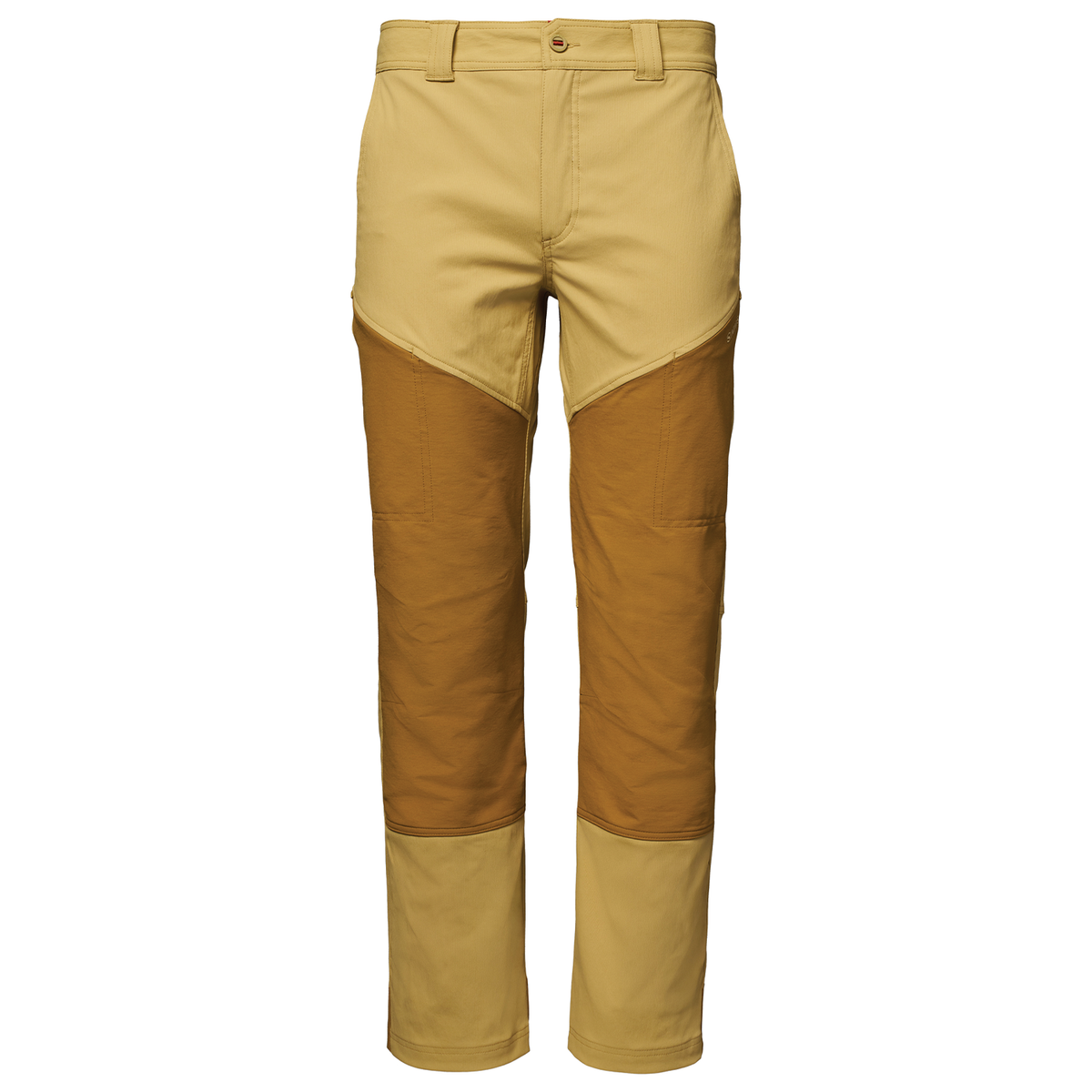 Simms Confluence Pants - Men's tan and brown fishing pants with reinforced contrasting leg panels and a straight leg design shown against a white background