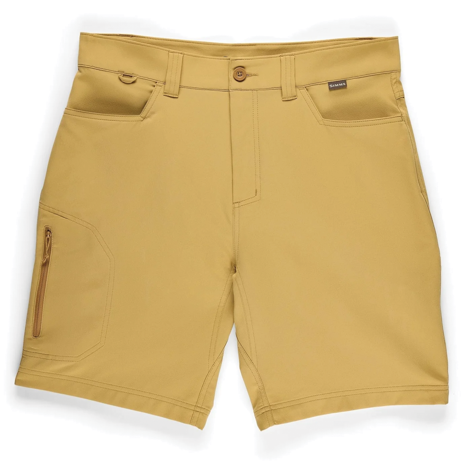 Simms Skiff Shorts in tan color with multiple pockets including a zippered side pocket, belt loops, and a button closure, designed for fishing and outdoor activities.