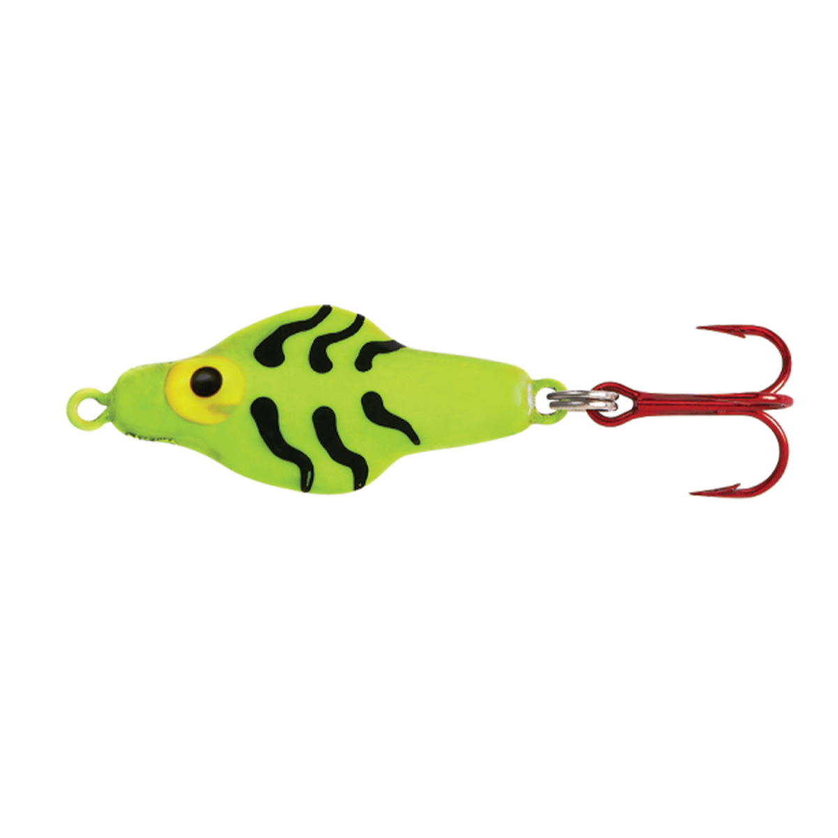 Lindy Rattl'n Flyer Spoon fishing lure in bright chartreuse with black markings yellow eye and red treble hook for freshwater fishing tackle