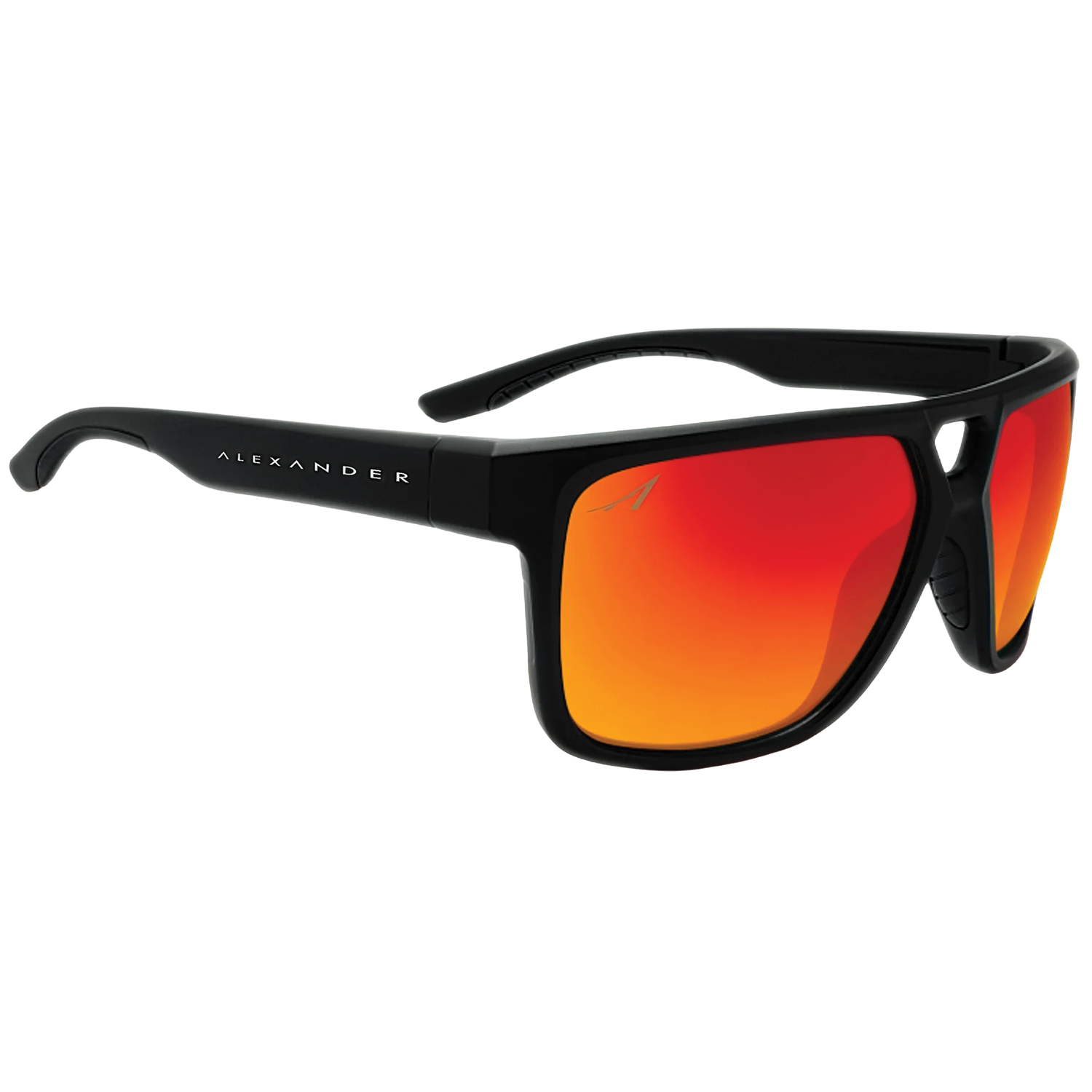 Alexander Sunglasses with a black frame and bright orange mirrored lenses, designed for outdoor activities including fishing, featuring a sporty wraparound style.