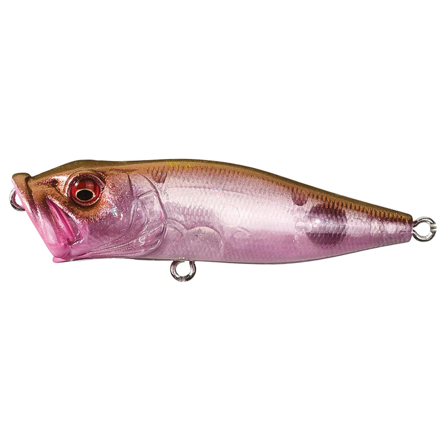 Megabass Pop-X fishing lure with a metallic pink and bronze finish, detailed eyes, and a realistic fish shape designed for attracting musky and other game fish.