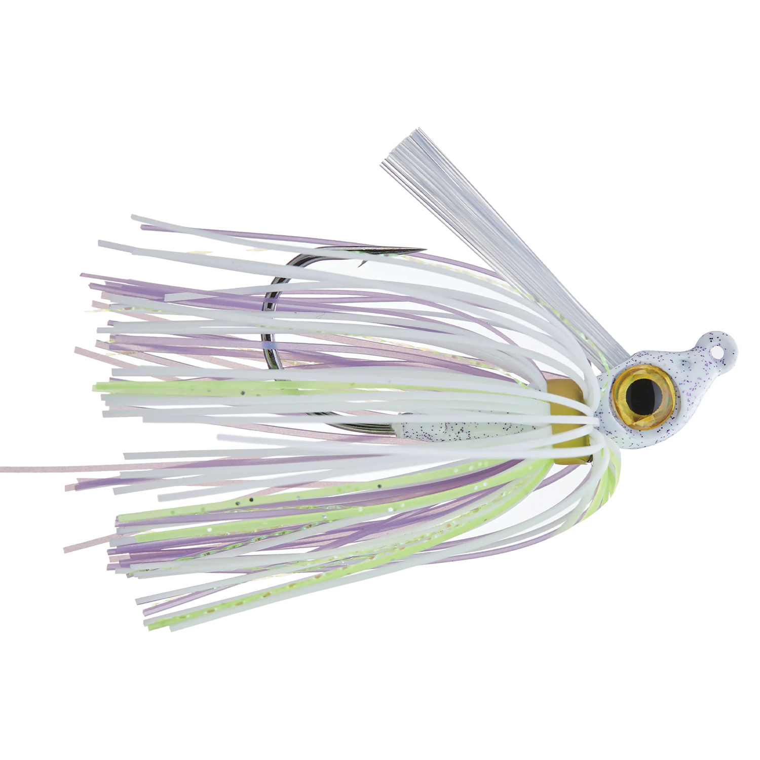 Beast Coast Working Man's Swim Jig fishing lure with a detailed jig head and multi-colored silicone skirt in shades of white, light purple, and green, designed for effective swimming action.