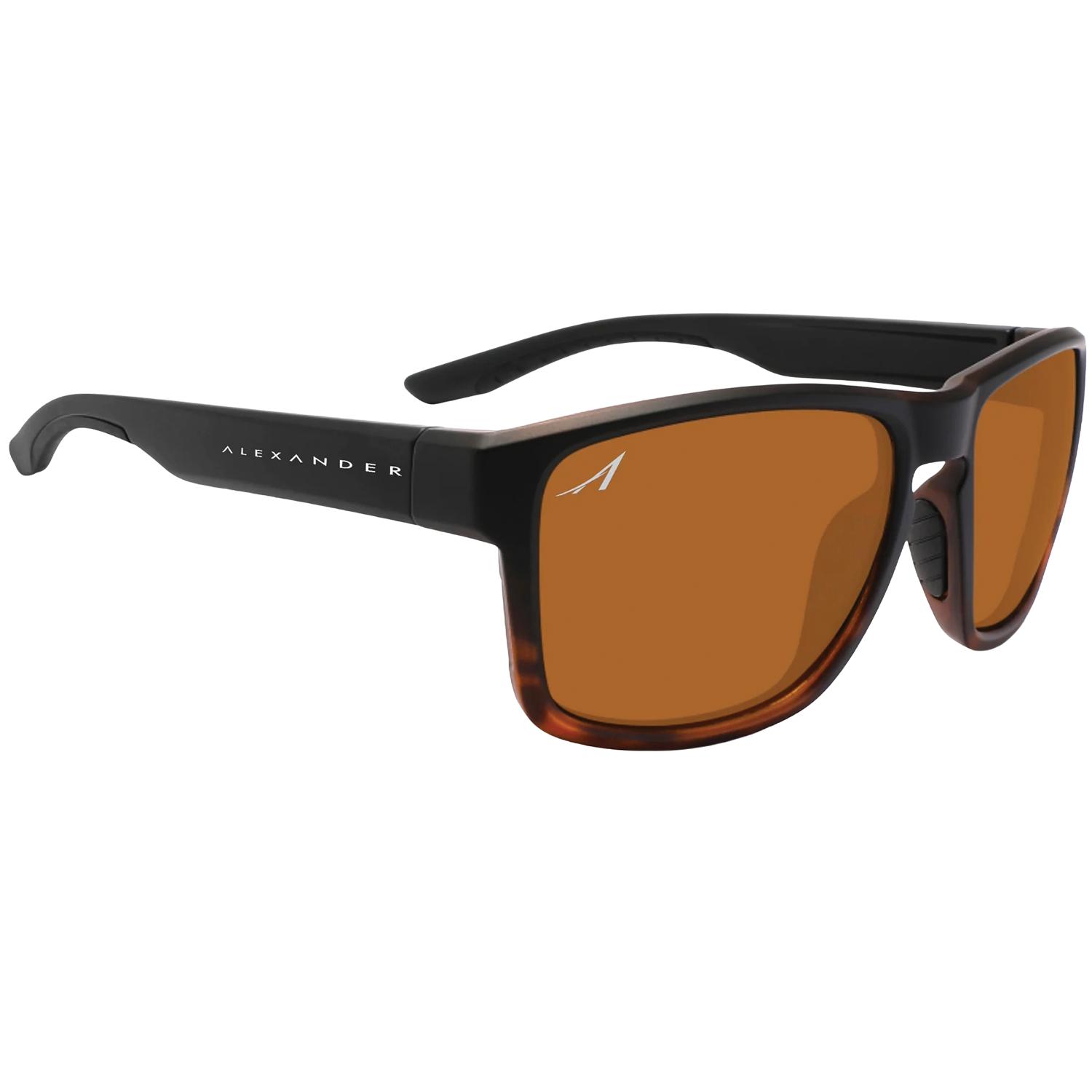Alexander Sunglasses featuring a durable black and brown frame with amber-tinted lenses designed for outdoor activities like fishing, providing glare reduction and UV protection.