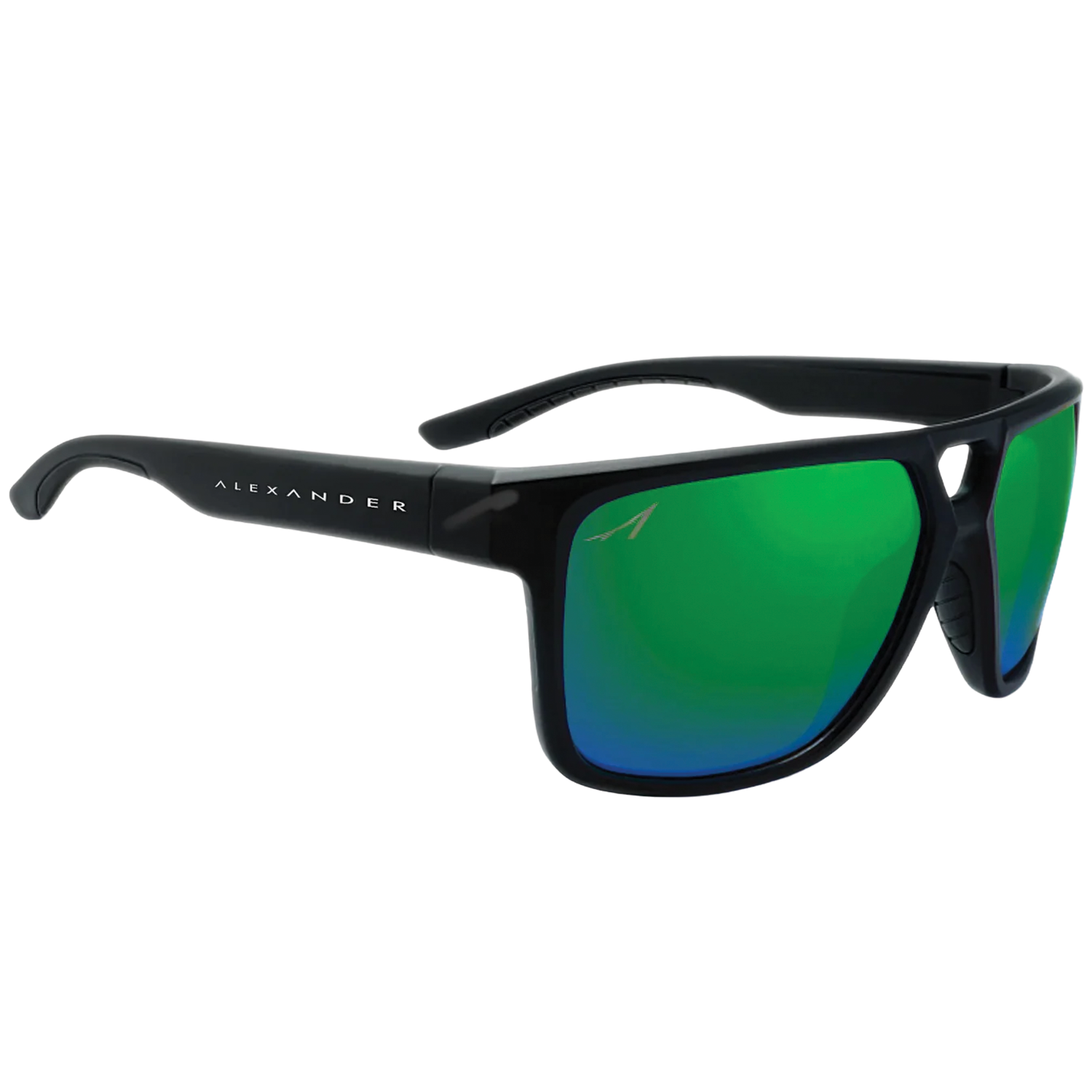 Alexander Sunglasses with black frame and green-blue polarized lenses, designed for outdoor use and providing glare reduction and eye protection.