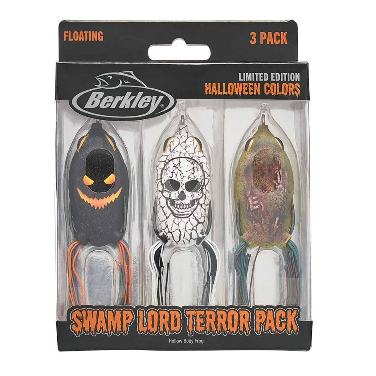 Berkley Swamp Lord Hollow Body Frog - Terror Pack three pack of floating hollow body frog fishing lures in Halloween colors displayed in retail packaging