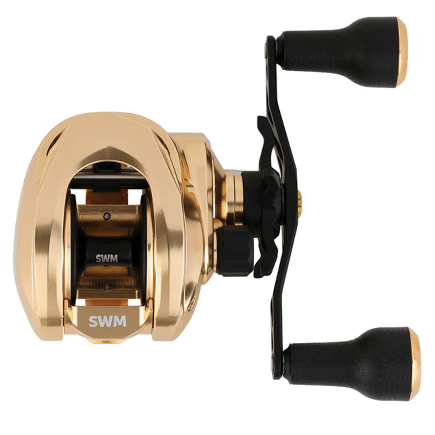 Bates Fishing Company G.O.A.T SWM Casting Reel with gold metallic finish, black handle grips, and smooth spool designed for precision in fishing tackle applications.