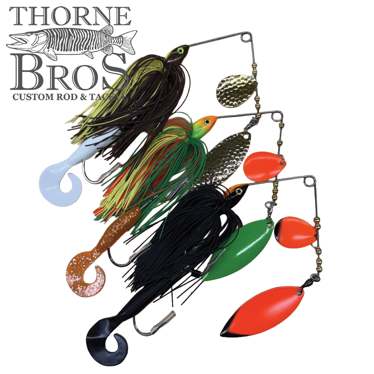 Ace Baits Small Spinnerbait fishing lures with colorful silicone skirts and reflective blades in black green orange and red designs for musky fishing