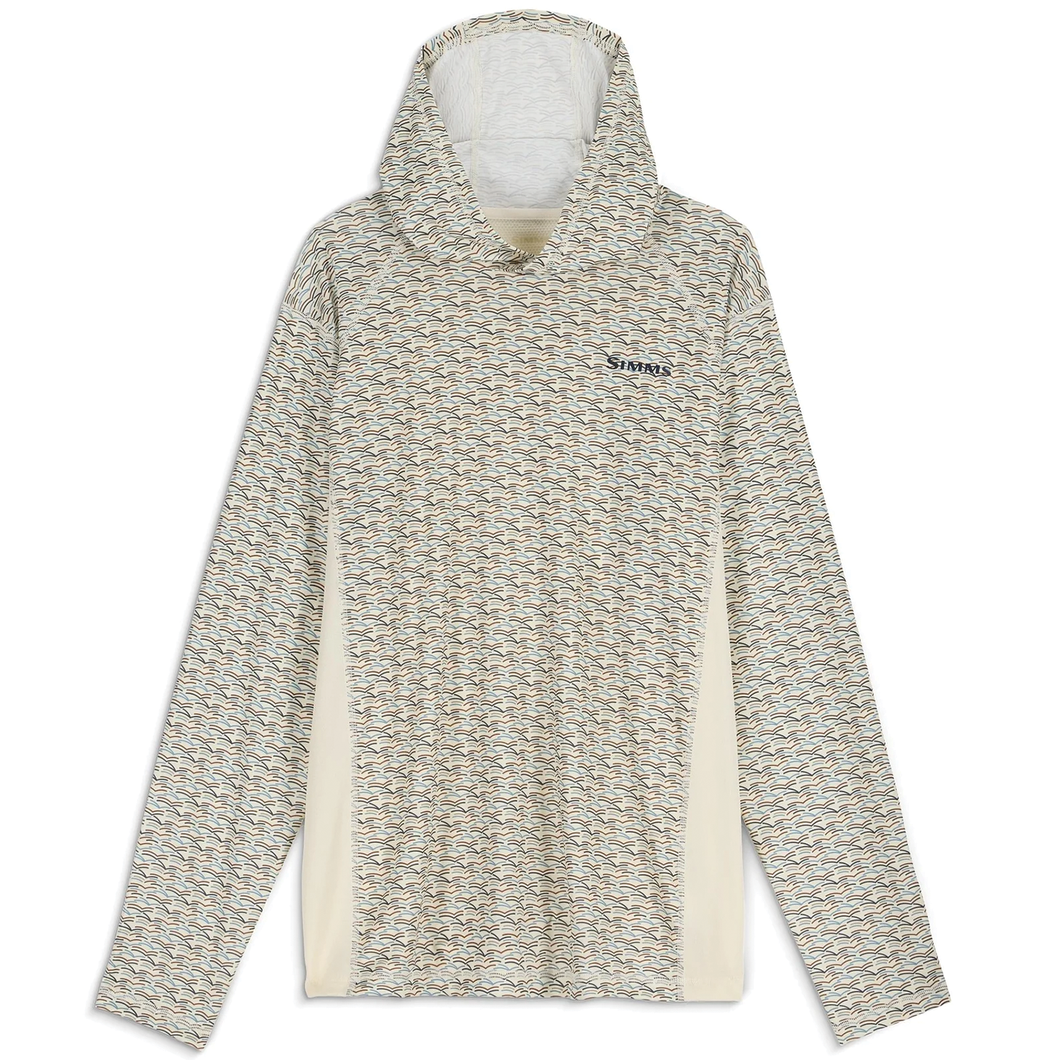 Simms Challenger Solar Hoody - Men's is a lightweight, long-sleeve hooded shirt with a subtle multicolor fish scale pattern, designed for sun protection during fishing activities.