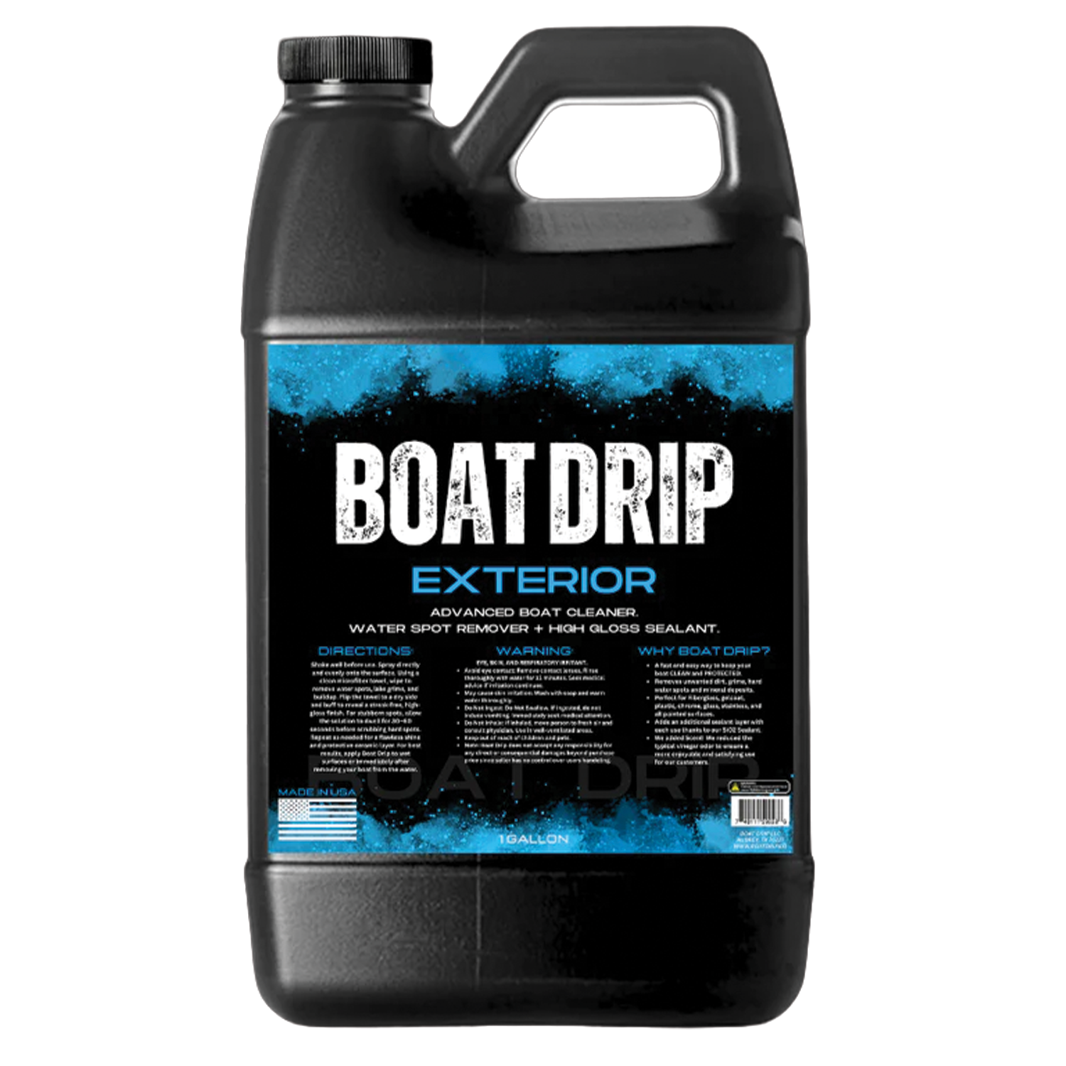 Black one-gallon container of Boat Drip Exterior Cleaner with a blue and black label, designed for removing water spots and providing a high gloss sealant for boats.