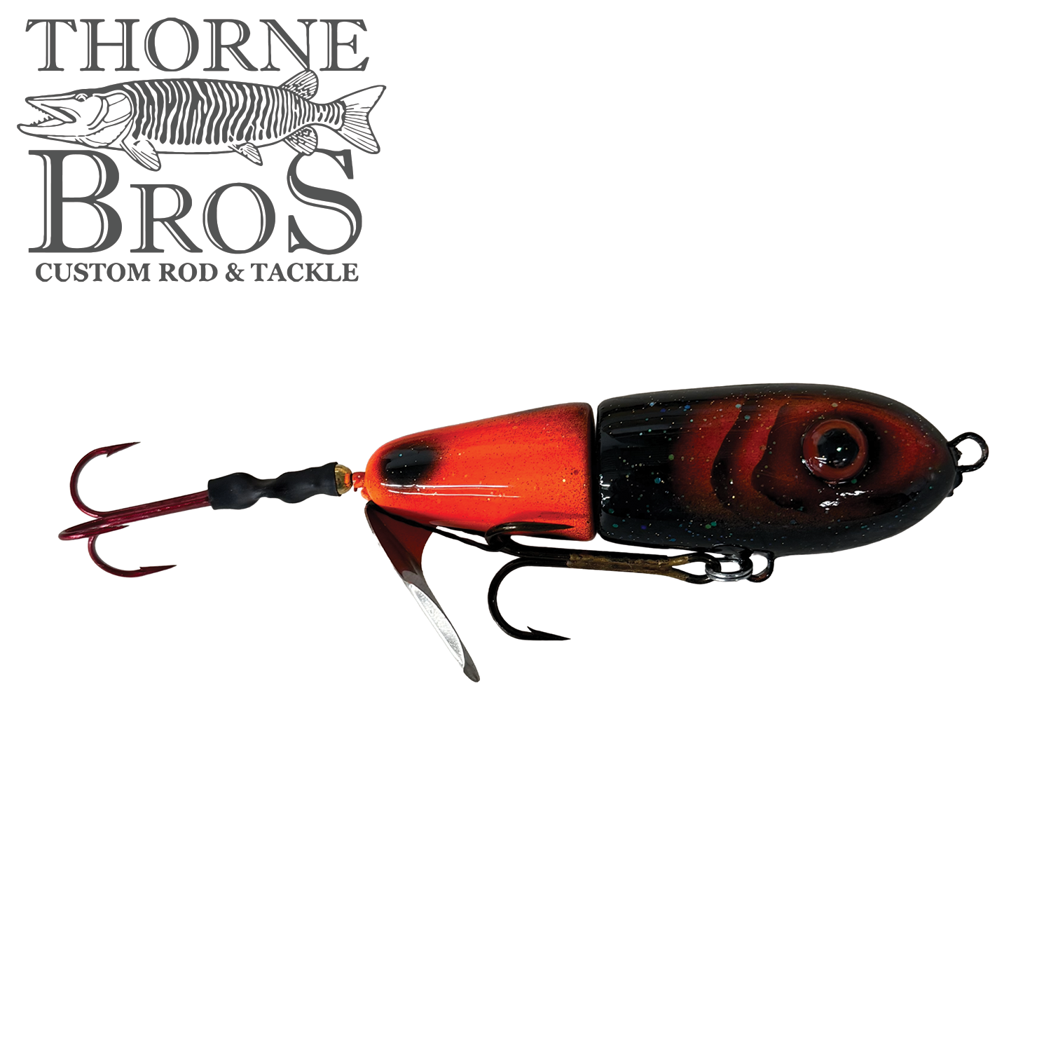 Lake-X Dr. Evil fishing lure in red and black with segmented body, metal blade, and multiple treble hooks designed for musky fishing.