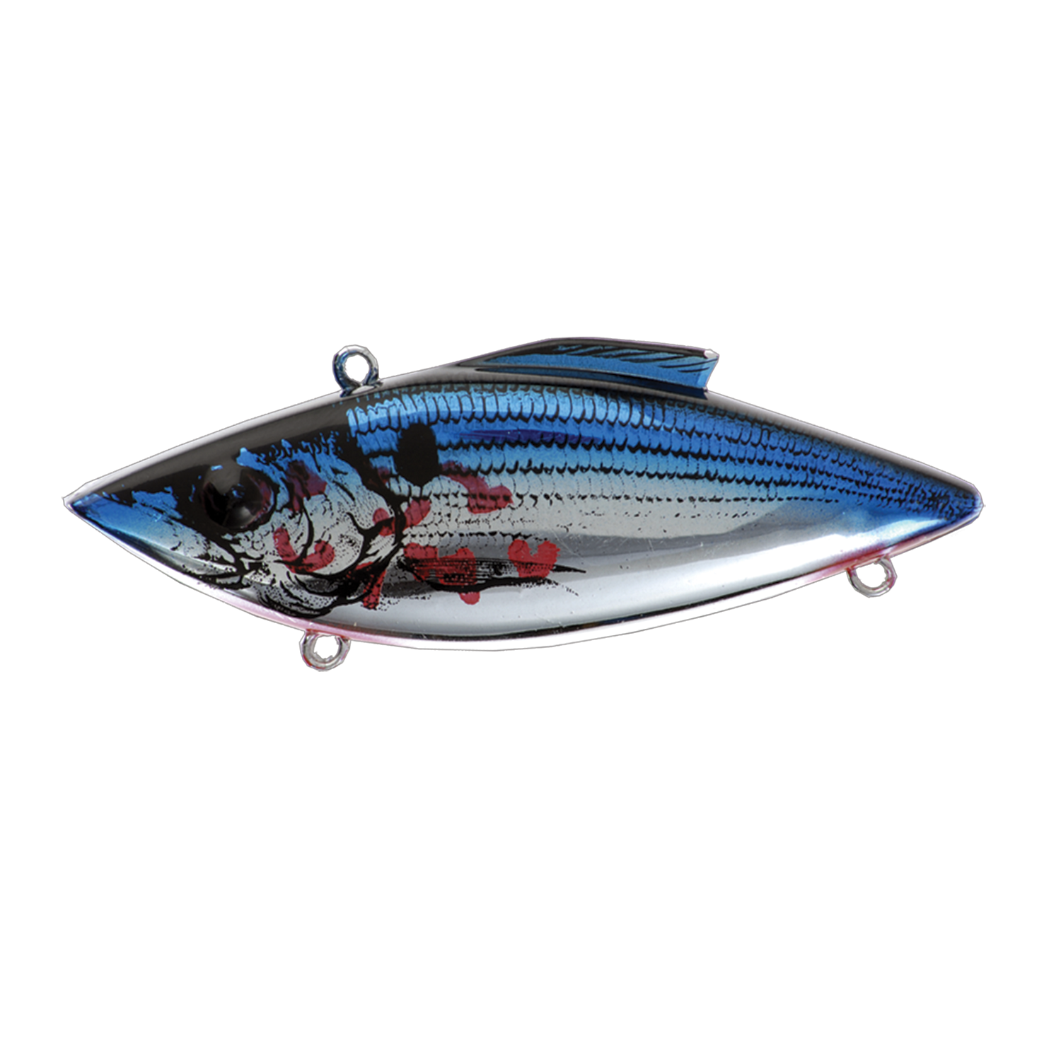 Bill Lewis Rat-L-Trap - Mag Trap fishing lure resembling a shiny blue and silver fish with detailed scales and multiple attachment points for fishing tackle.