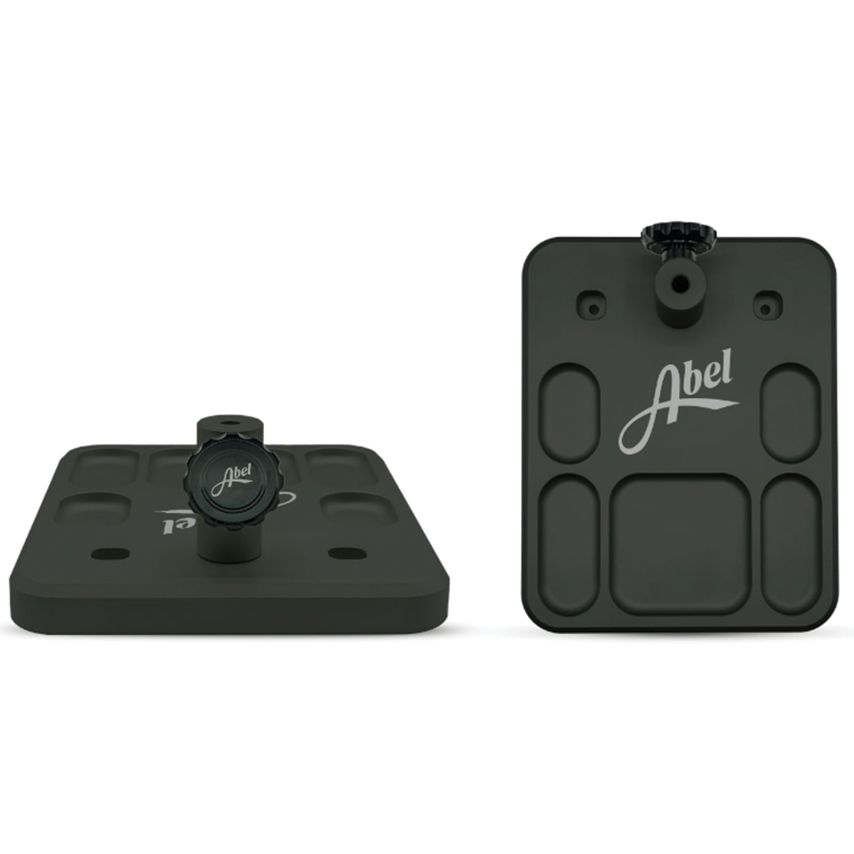 Abel Vise Base shown as a black fly tying vise platform with a raised mount and textured recessed compartments for secure setup and organized fishing tackle work