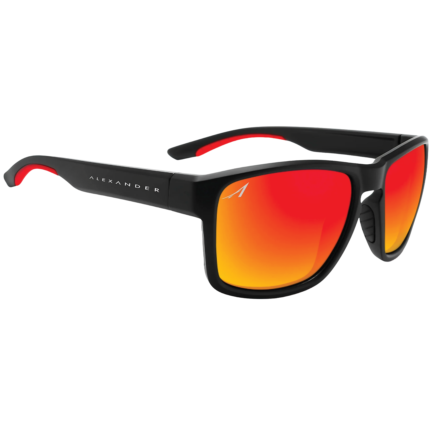 Alexander Sunglasses featuring a black frame with red accents and reflective orange-red lenses, designed for outdoor use including fishing and marine activities.
