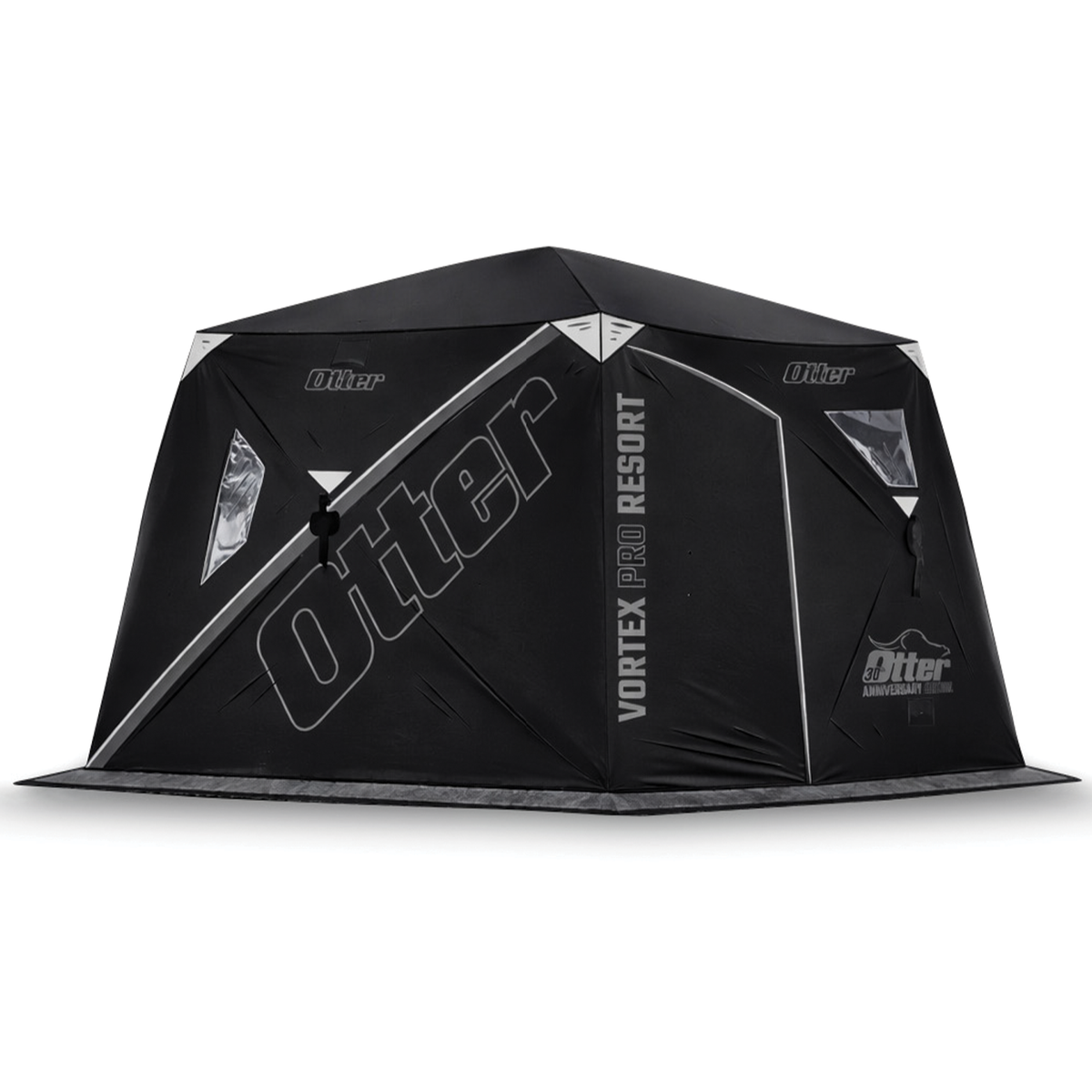 Otter 30th Anniversary Vortex Pro Resort (Full Door) Pop-Up #201956 black pop up ice fishing shelter shown from the front with windows and insulated walls